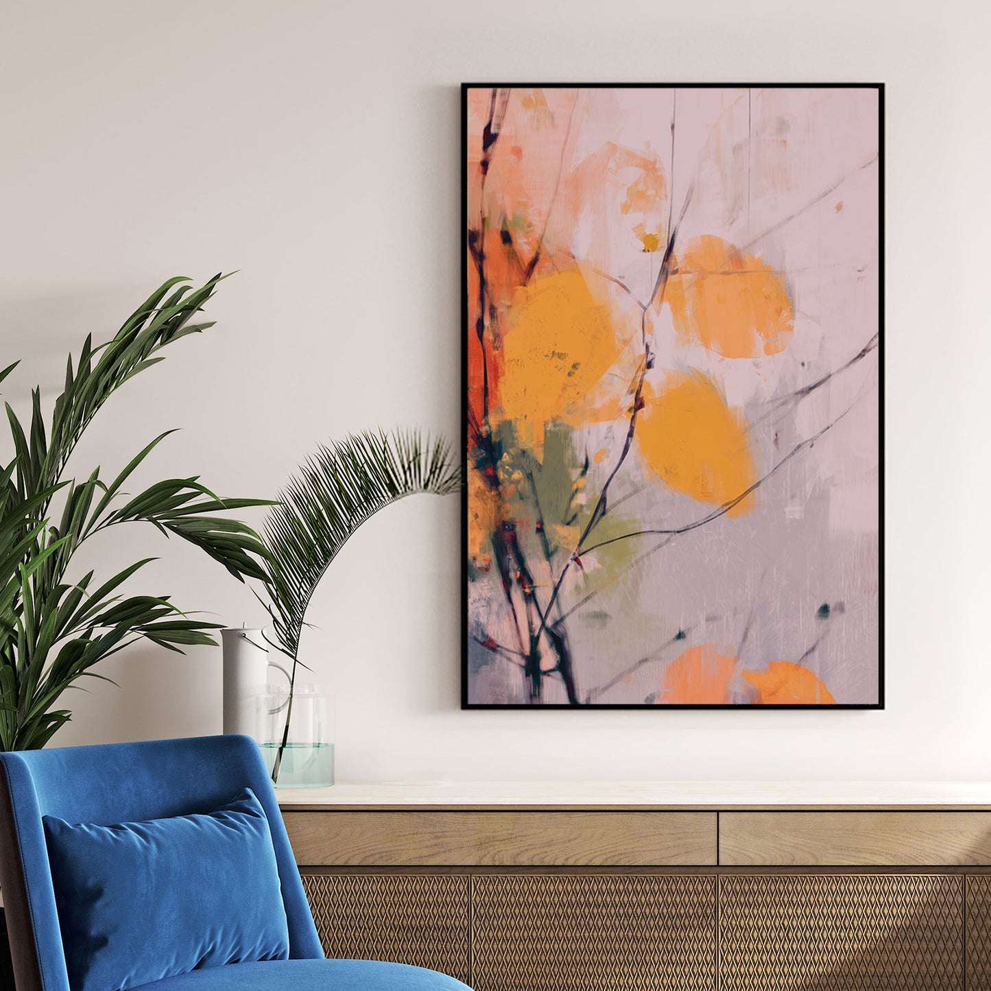 minimalist autumn wall art with golden leaves and soft brush strokes