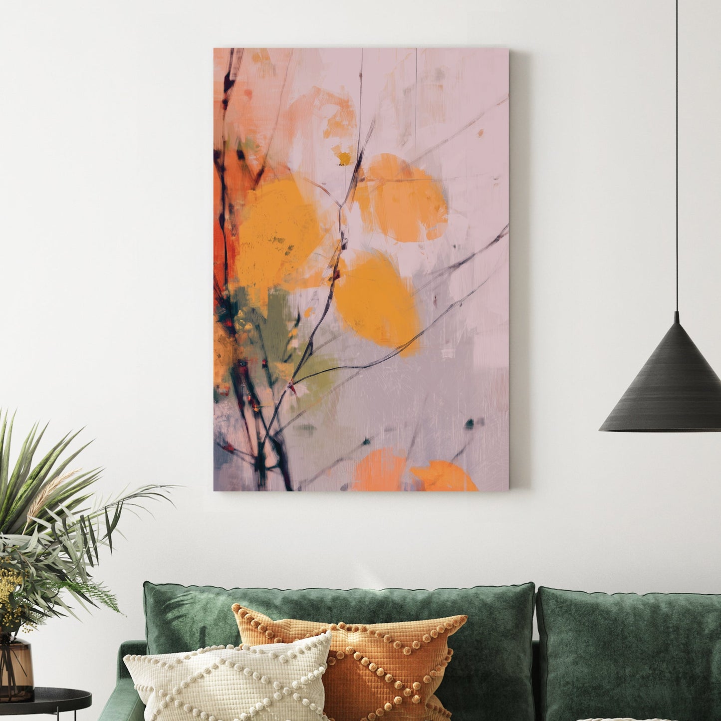 minimalist autumn wall art with golden leaves and soft brush strokes
