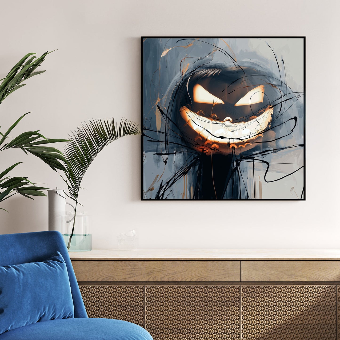 abstract Halloween wall art with glowing jack-o'-lantern and chaotic sketch lines