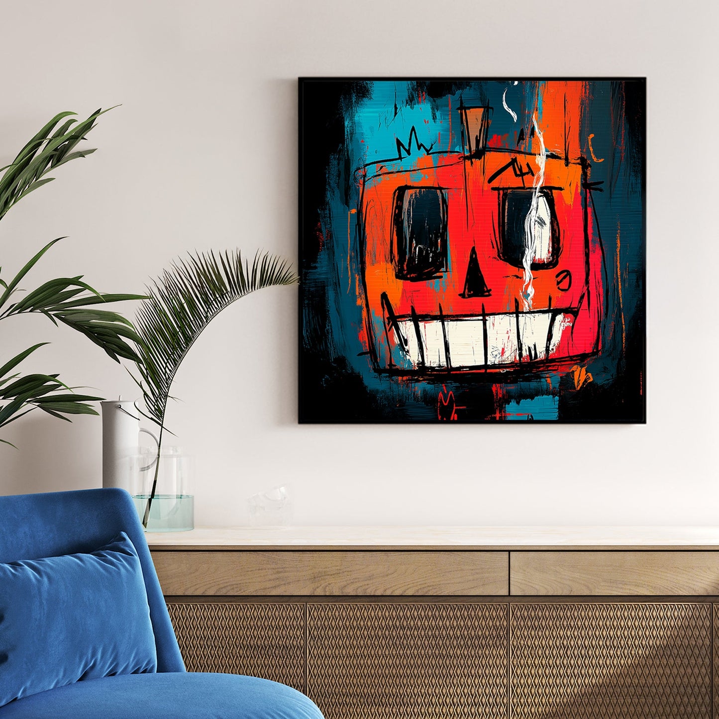 graffiti-style Halloween wall art of melting jack-o’-lantern face in red and teal