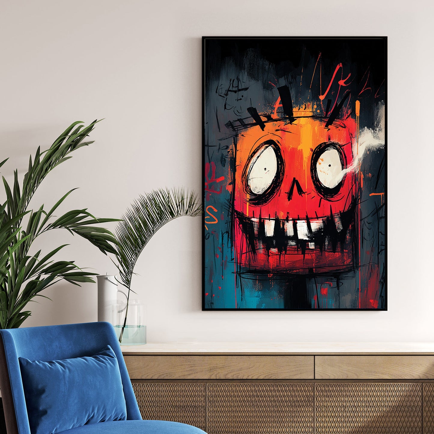 grunge-style Halloween pumpkin wall art with graffiti textures in red and orange