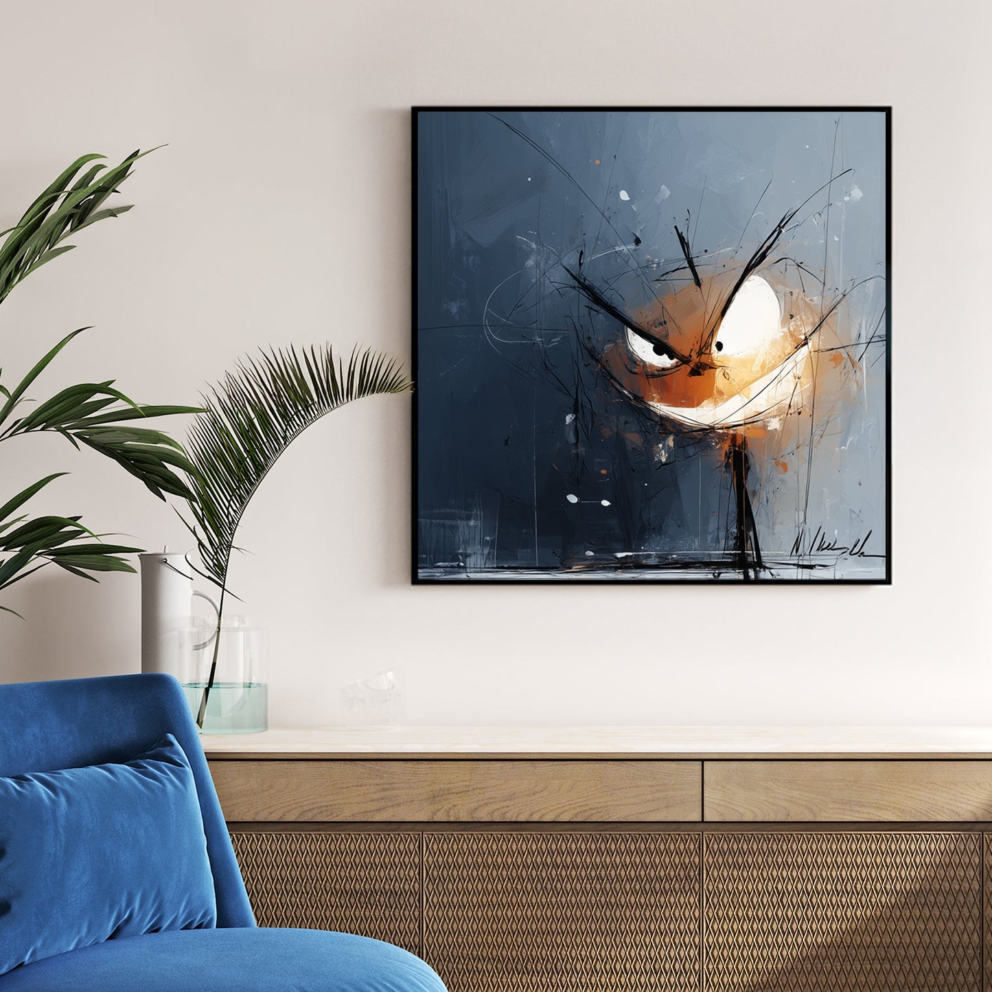 moody Halloween pumpkin face wall art with glowing eyes on a dark abstract background