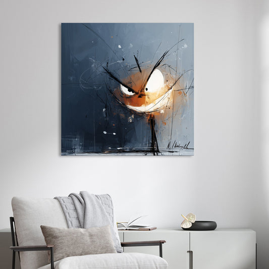 moody Halloween pumpkin face wall art with glowing eyes on a dark abstract background