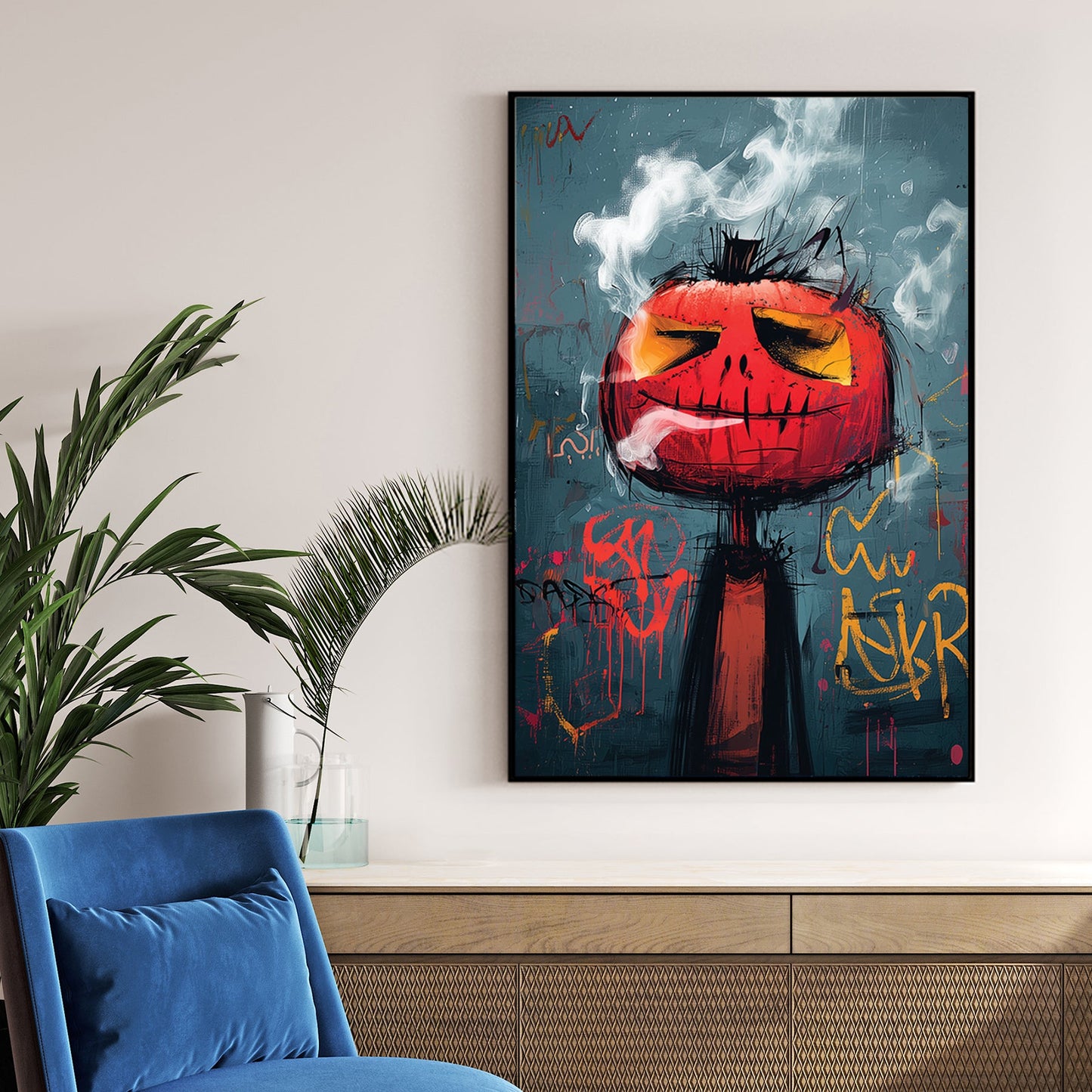 graffiti style pumpkin smoking wall art with urban grunge textures