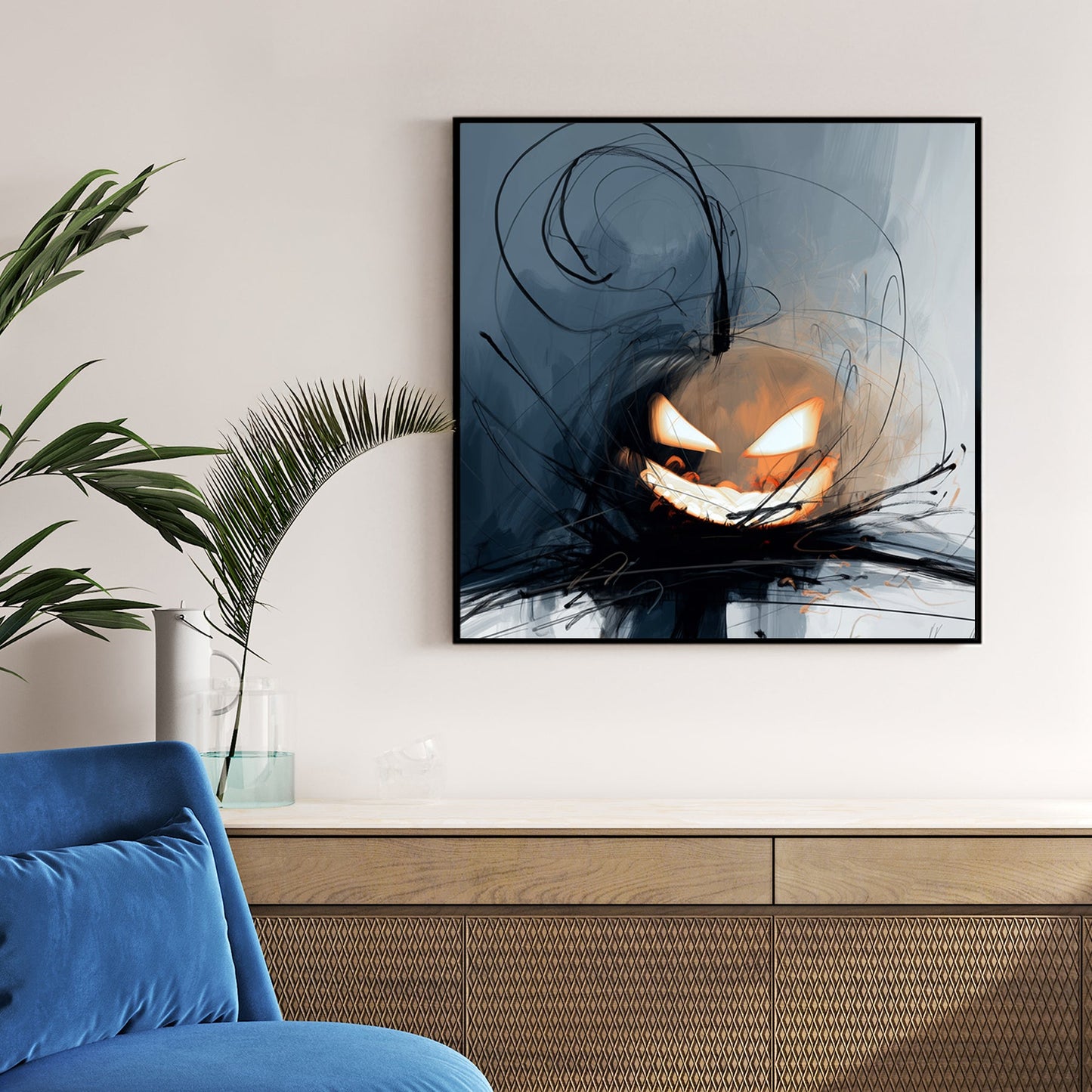 abstract Halloween pumpkin wall art with glowing eyes and chaotic brush strokes