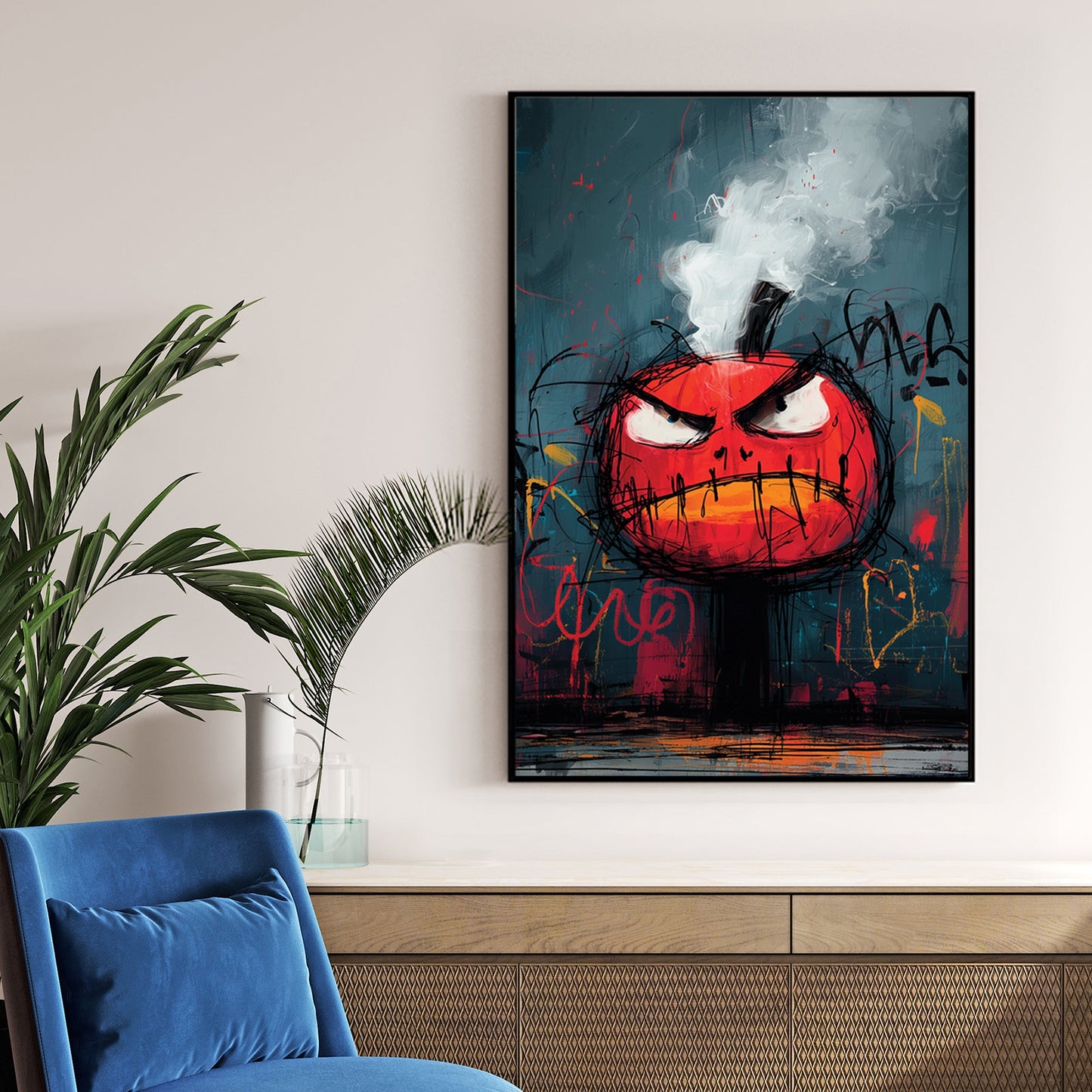 graffiti angry pumpkin wall art with smoke and bold colours