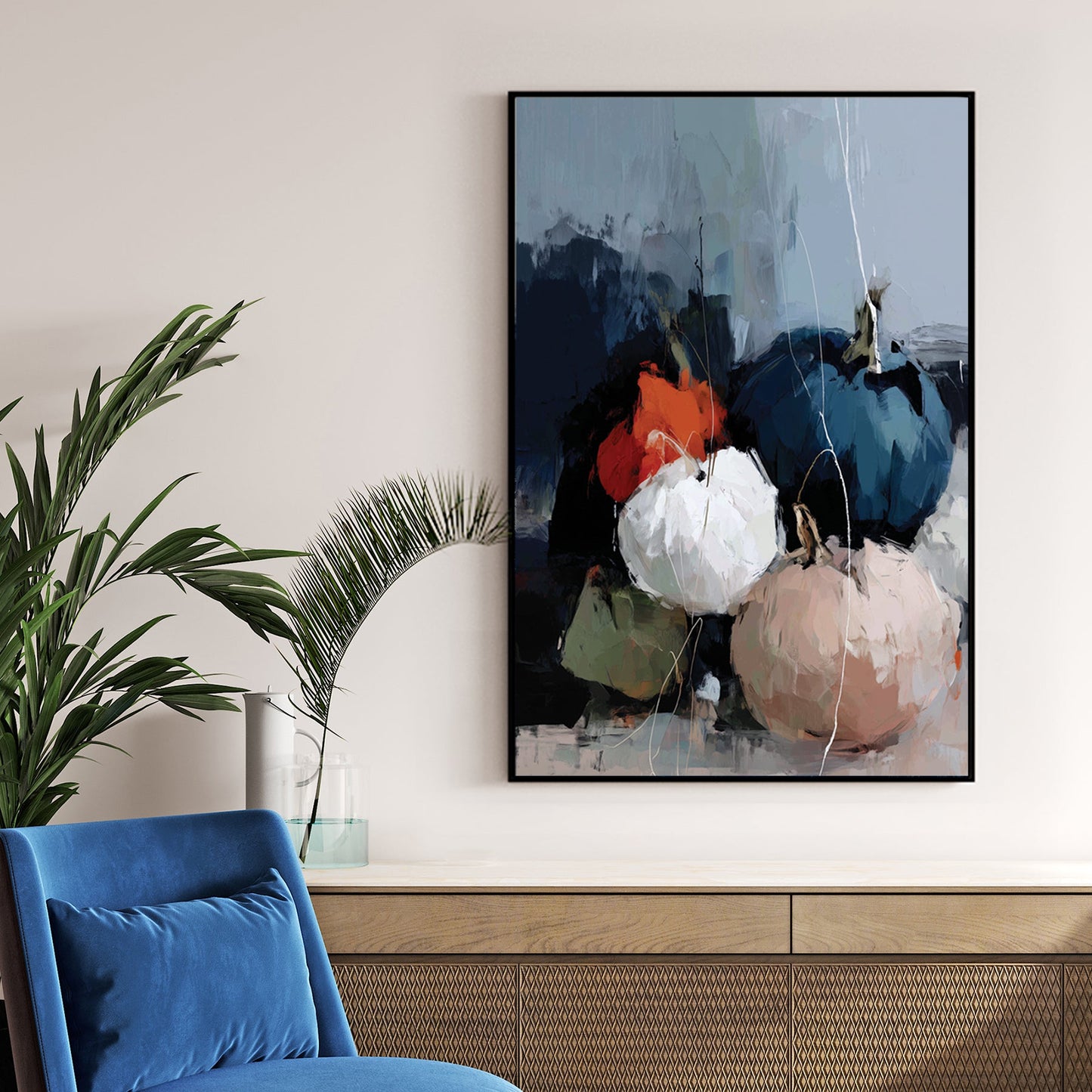 moody abstract pumpkins in navy, white, orange, green, and blush tones