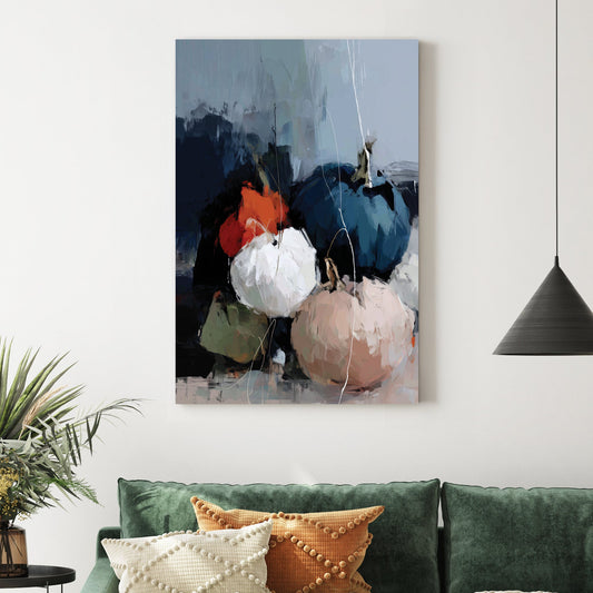 moody abstract pumpkins in navy, white, orange, green, and blush tones
