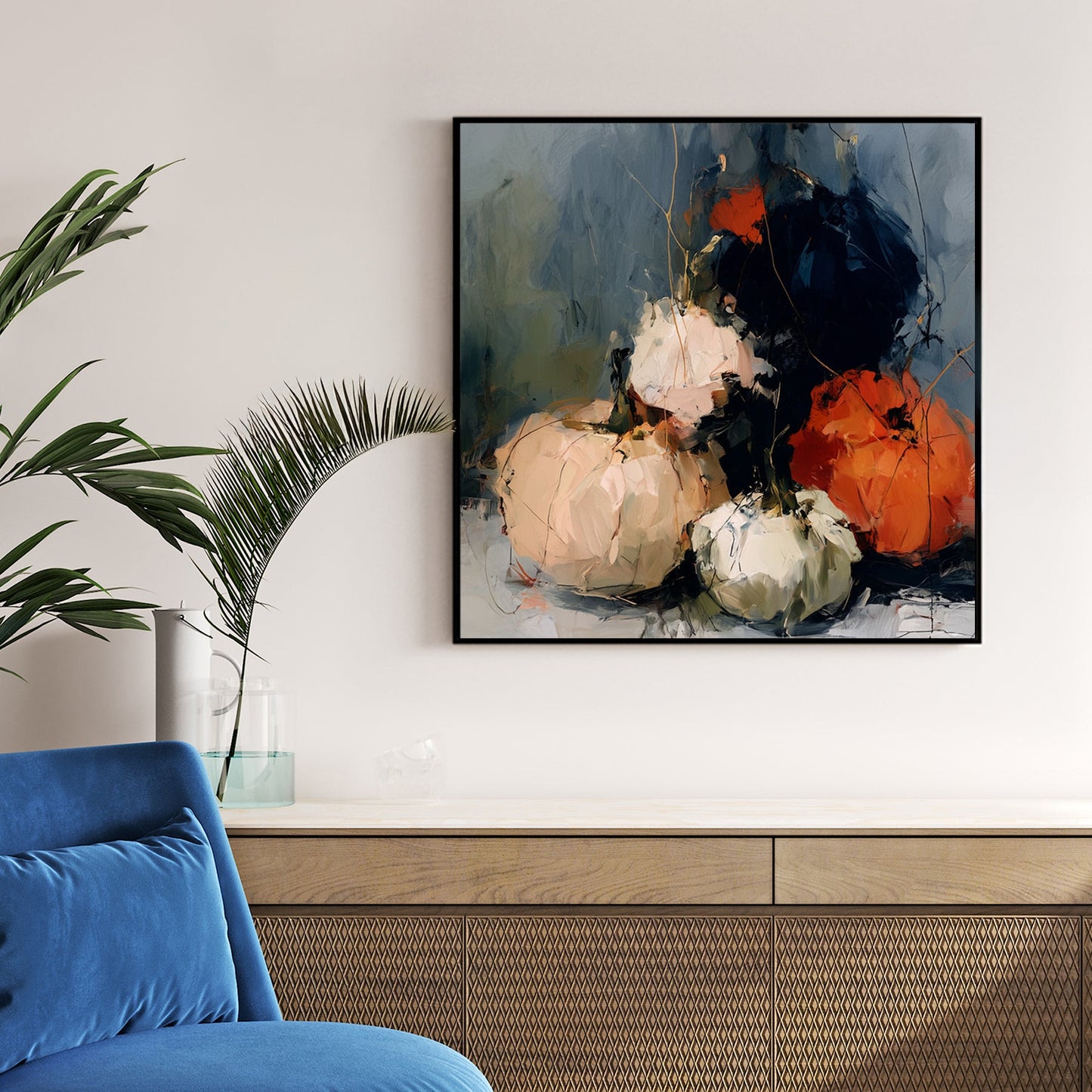 abstract pumpkin painting with beige, green, orange, and dark blue tones