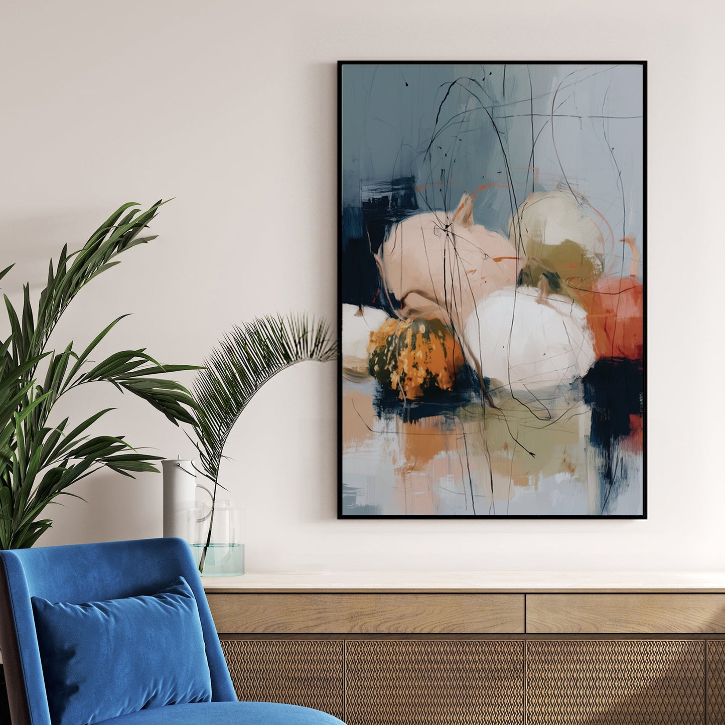 abstract fall pumpkin artwork with cream, blush, green, orange, and scribbled black lines