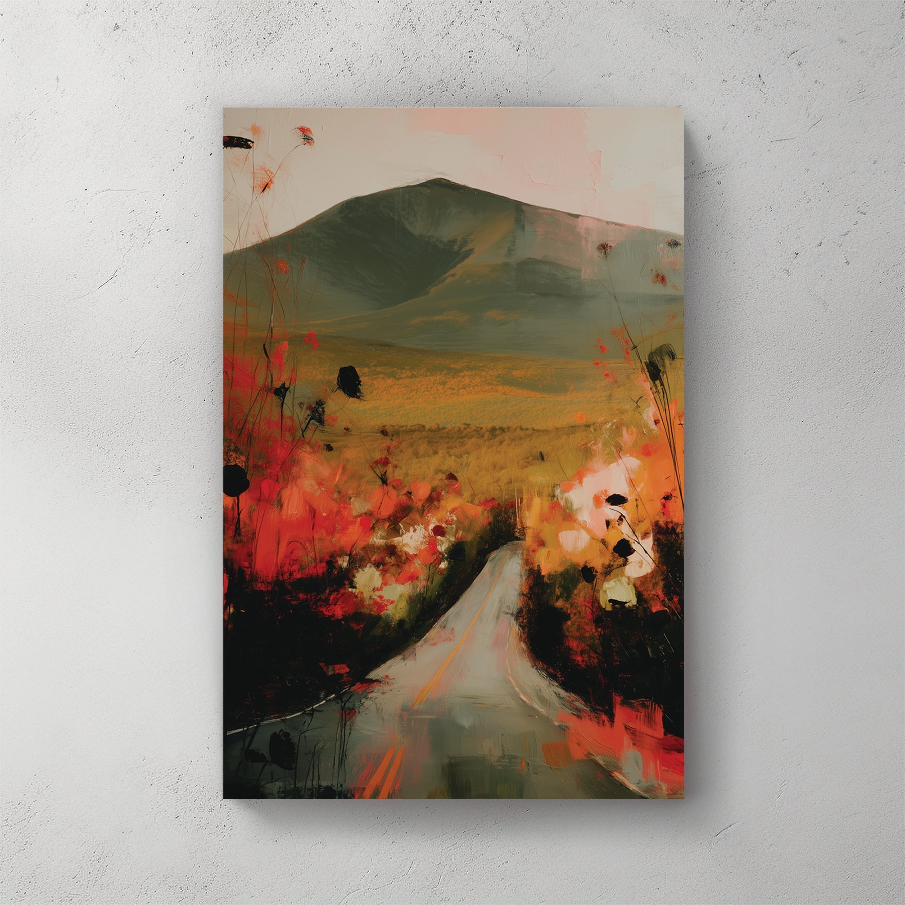 autumn landscape wall art with road, mountain and wildflowers in red and gold tones
