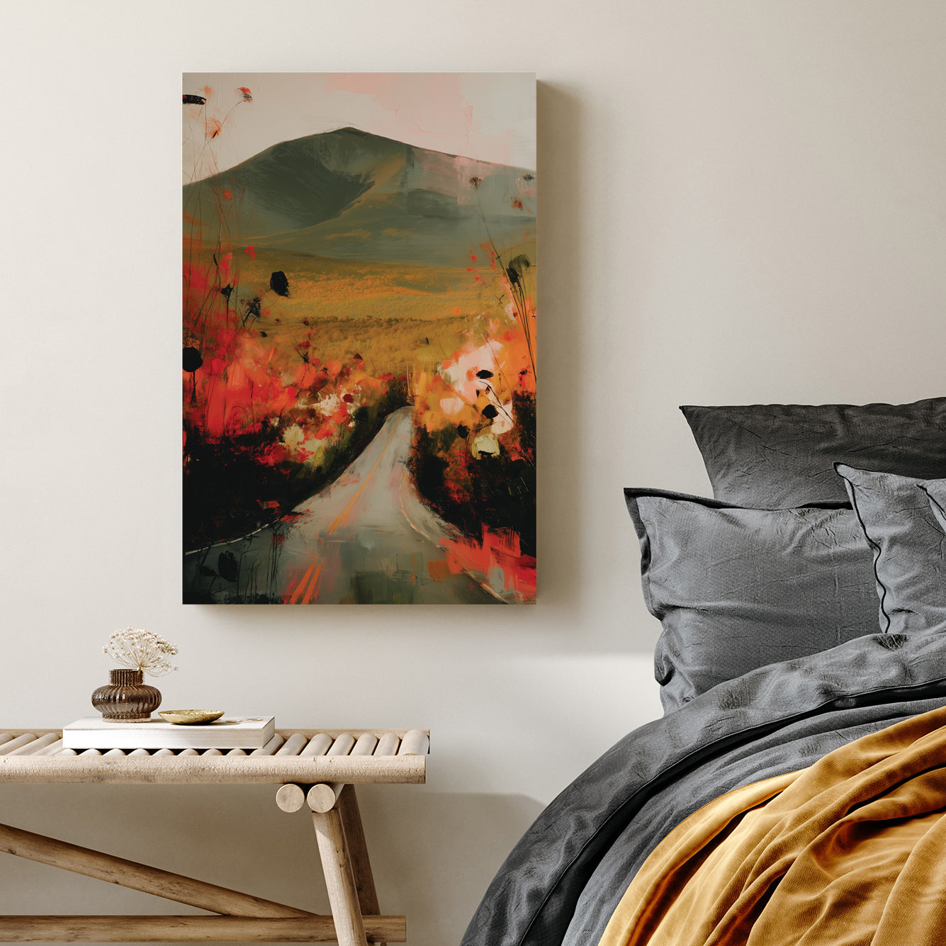 autumn landscape wall art with road, mountain and wildflowers in red and gold tones