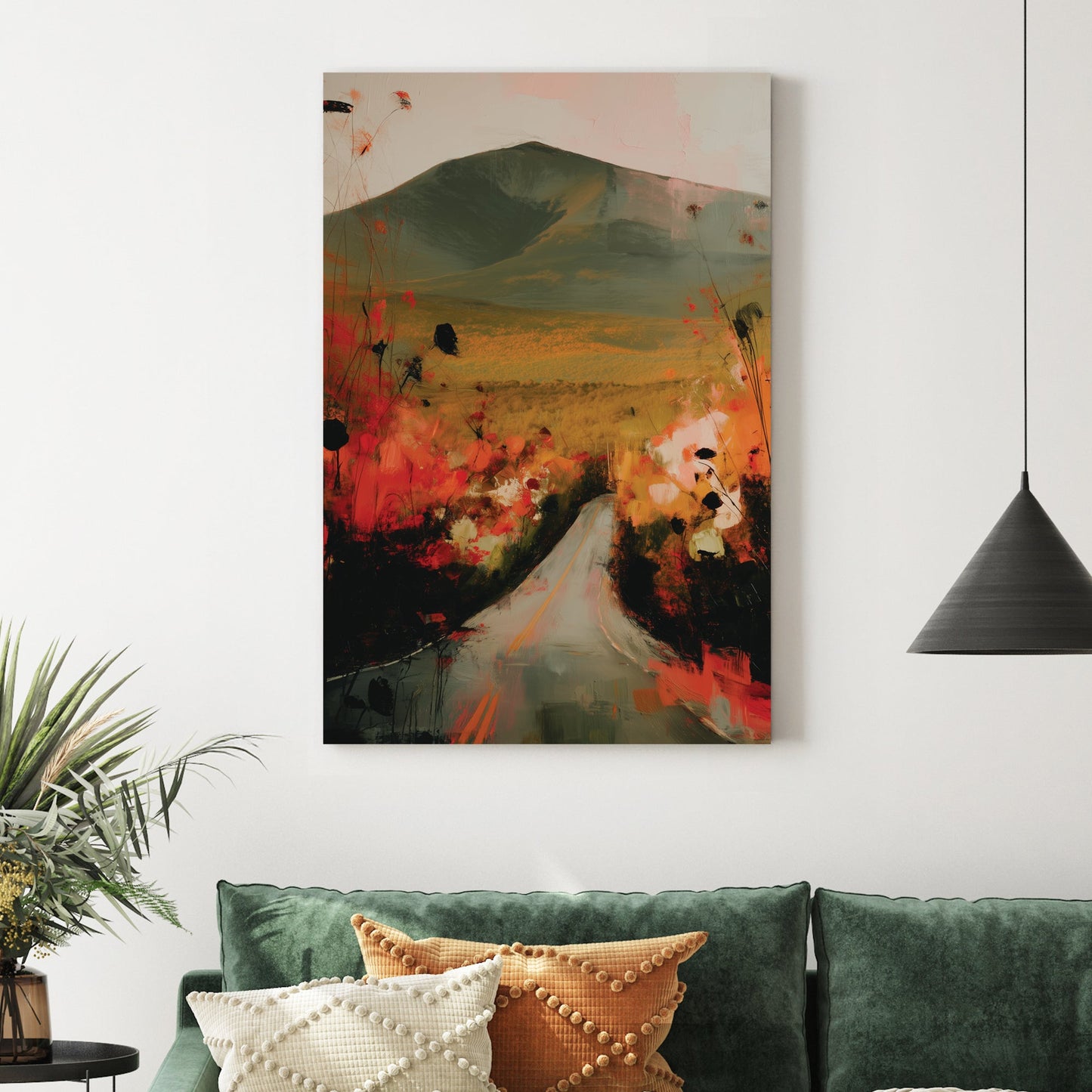 autumn landscape wall art with road, mountain and wildflowers in red and gold tones
