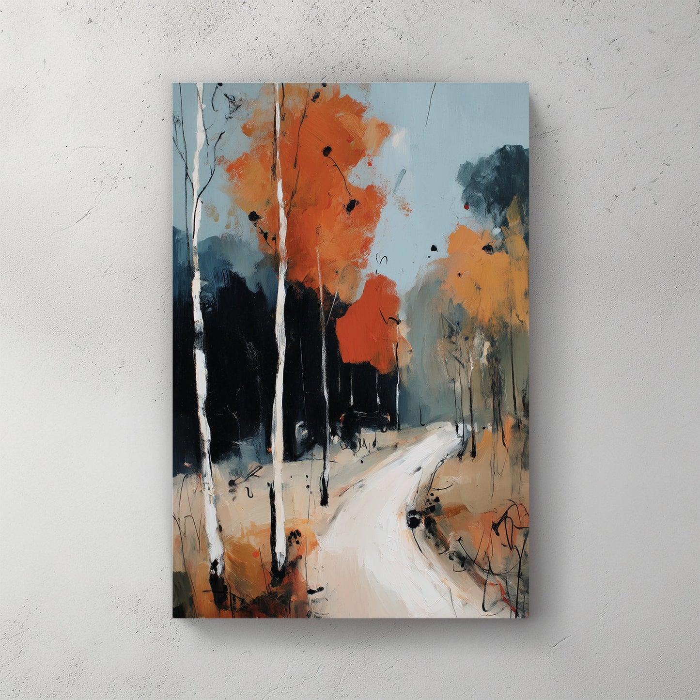 birch tree autumn forest wall art with orange leaves and winding path