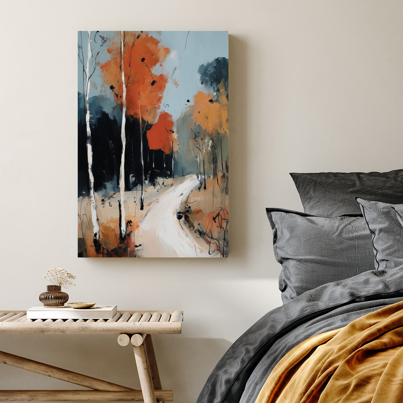 birch tree autumn forest wall art with orange leaves and winding path