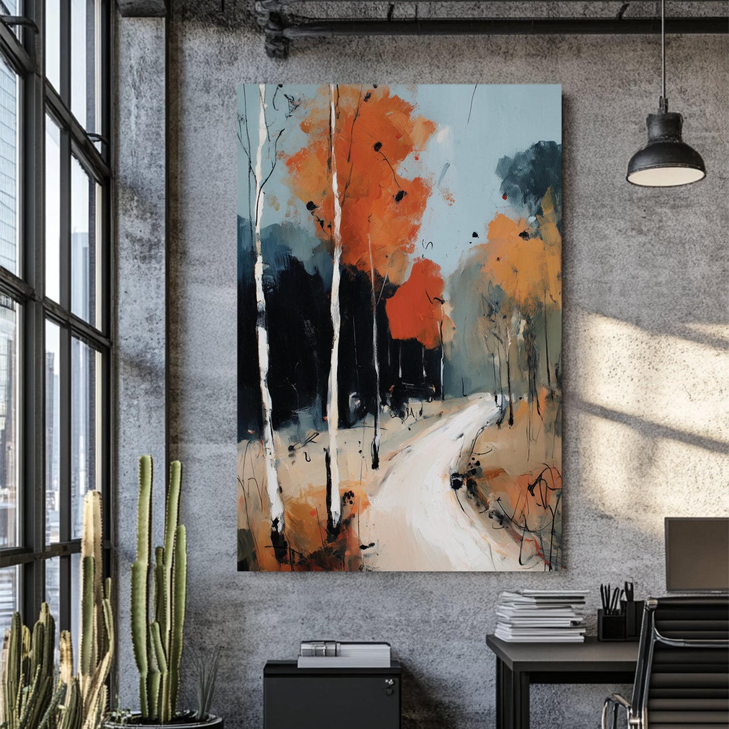 birch tree autumn forest wall art with orange leaves and winding path