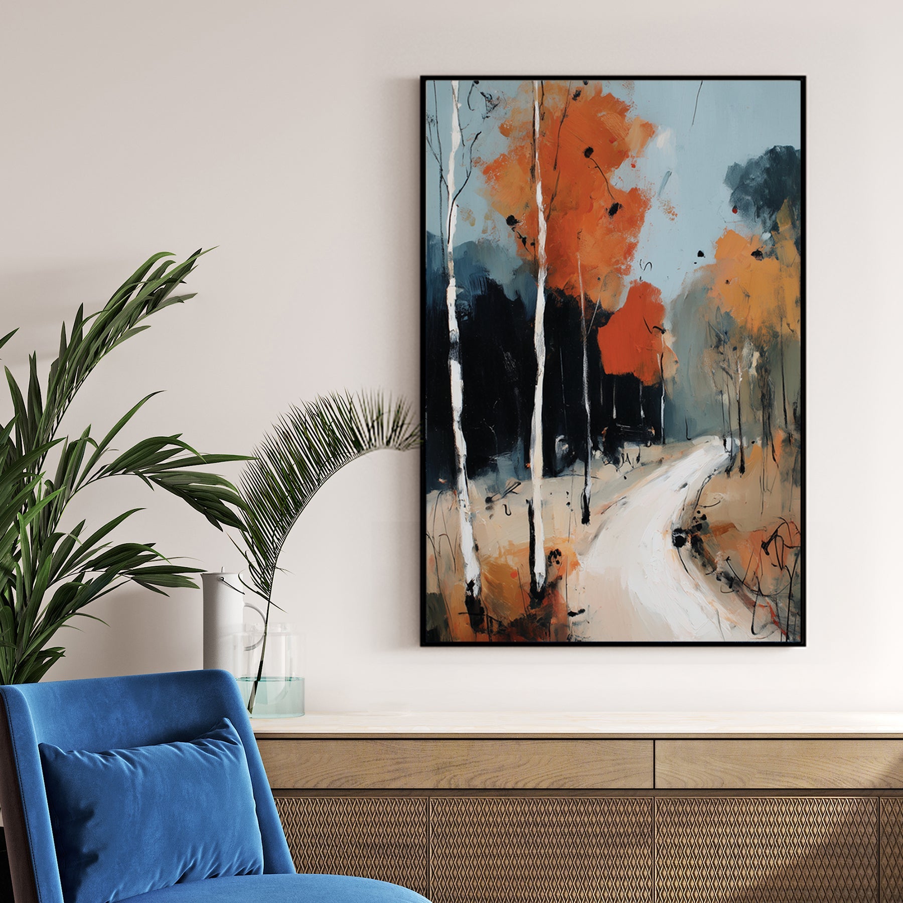birch tree autumn forest wall art with orange leaves and winding path