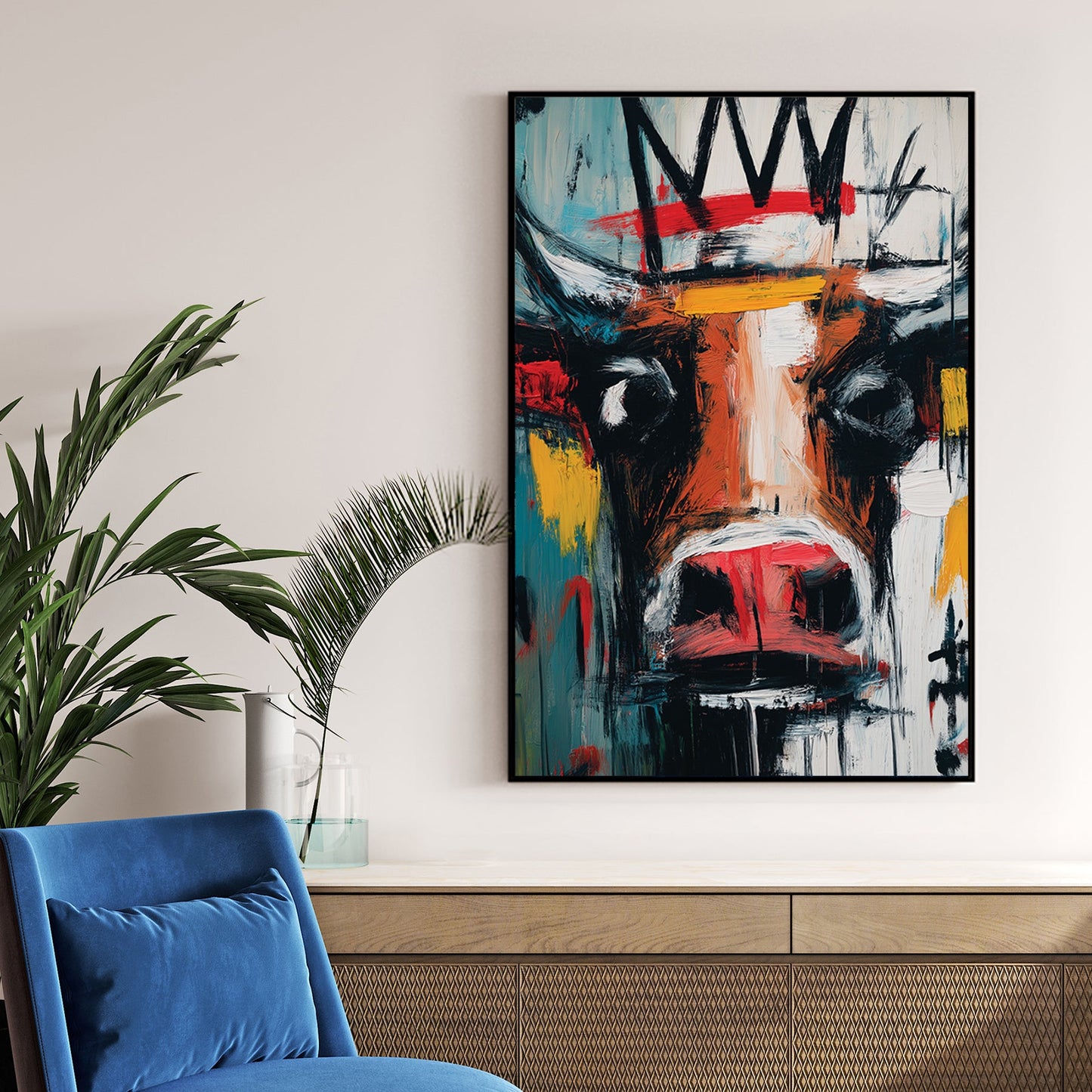 graffiti bull painting wall art with crown in basquiat style