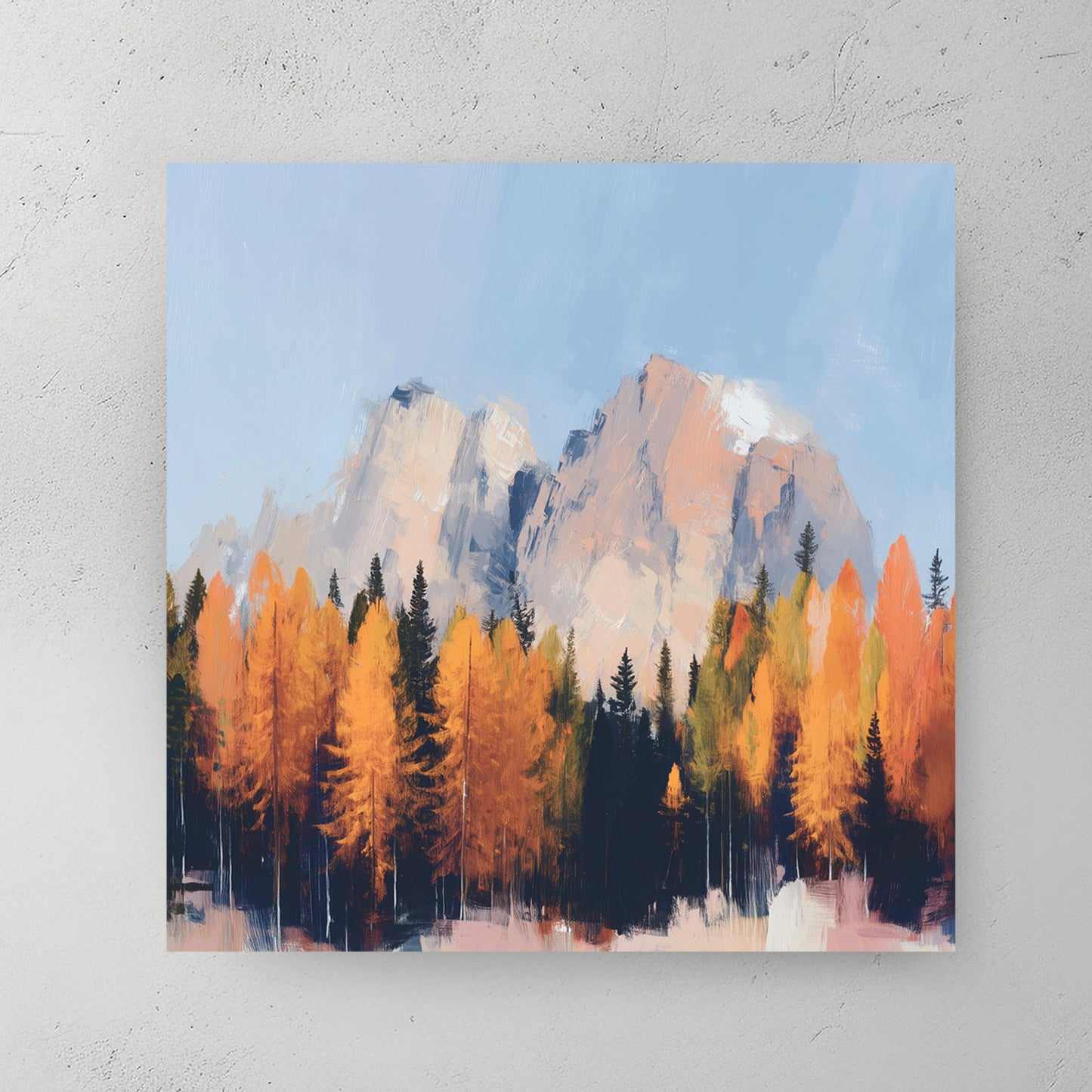autumn mountain landscape wall art with golden trees and blue sky