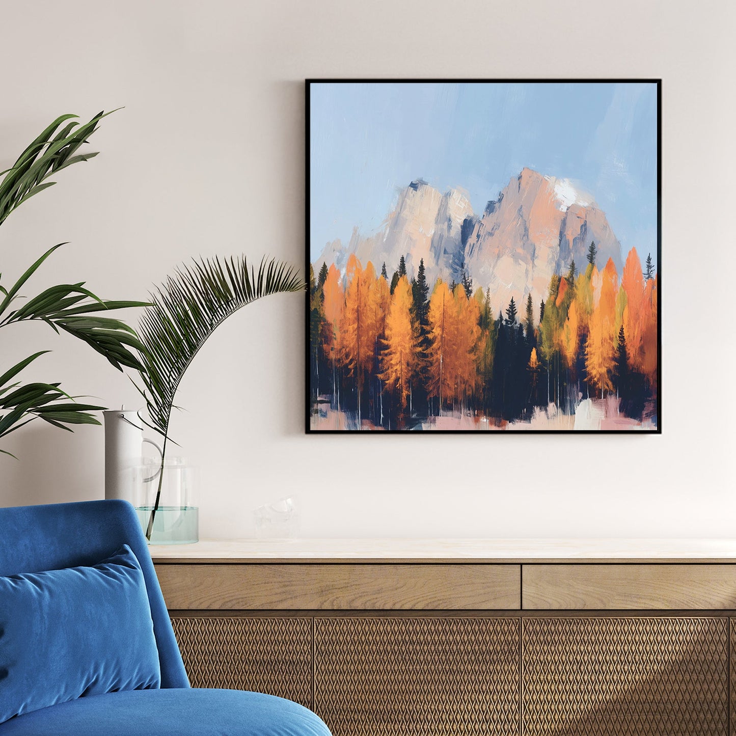 autumn mountain landscape wall art with golden trees and blue sky