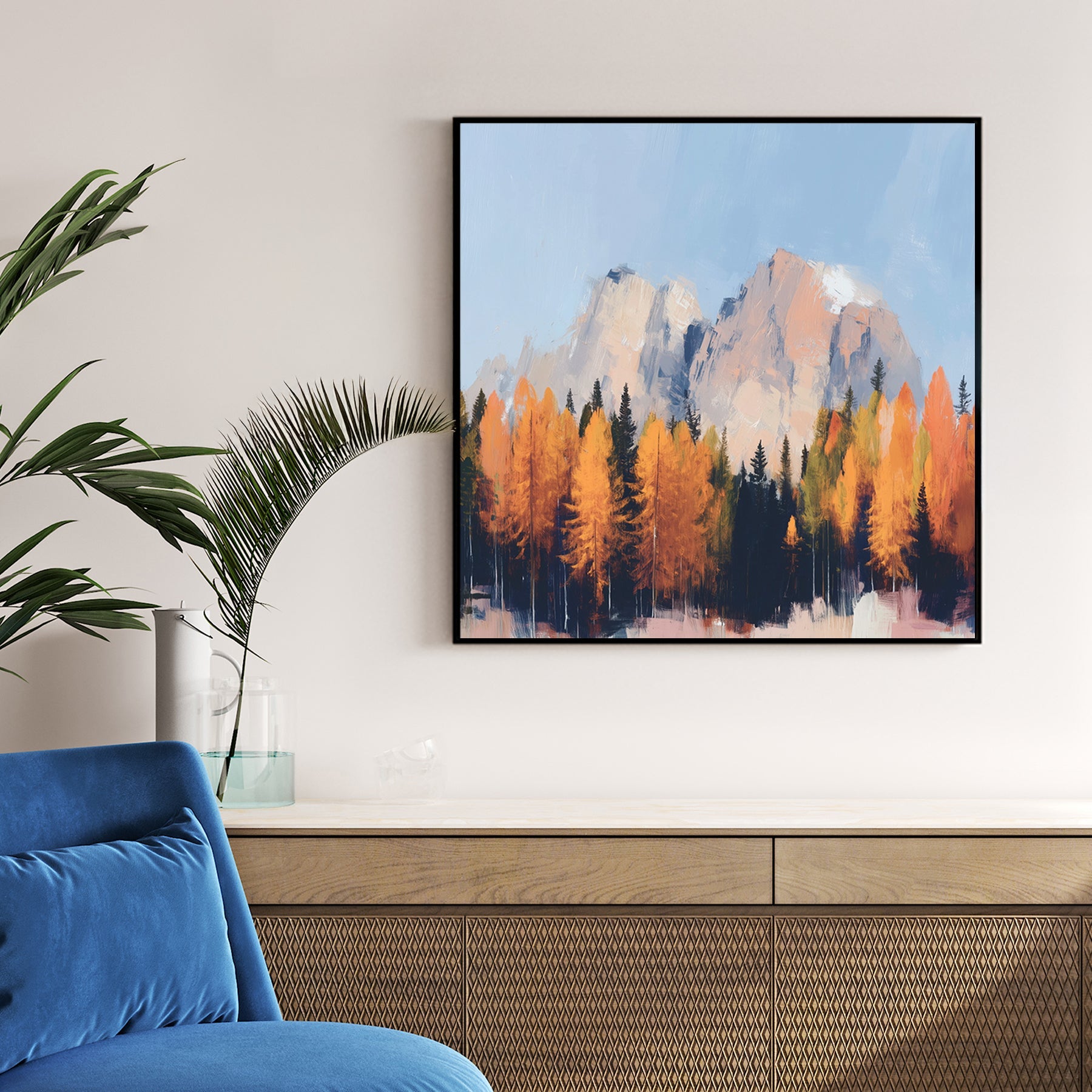 autumn mountain landscape wall art with golden trees and blue sky