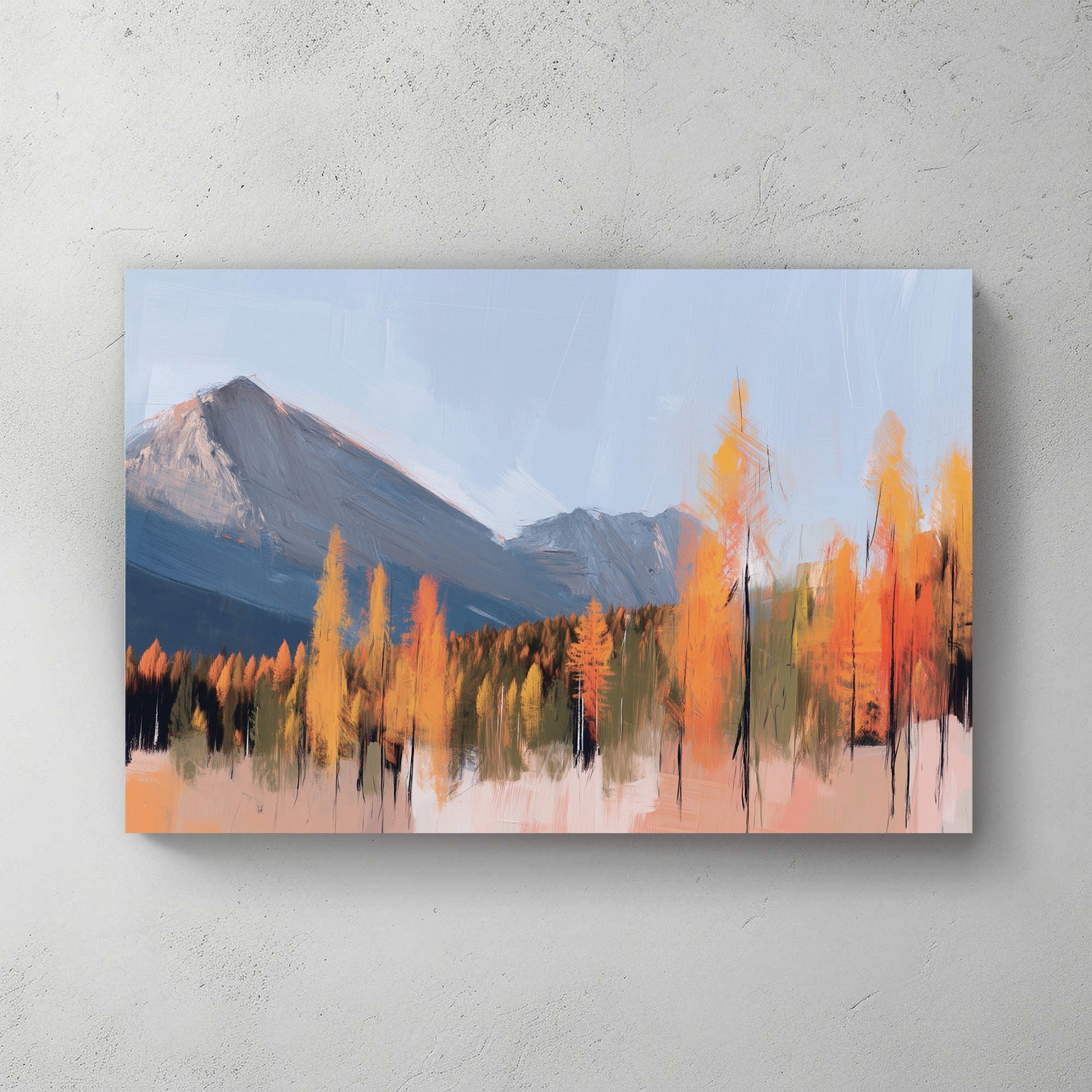 autumn mountain wall art with orange larch trees and blue sky