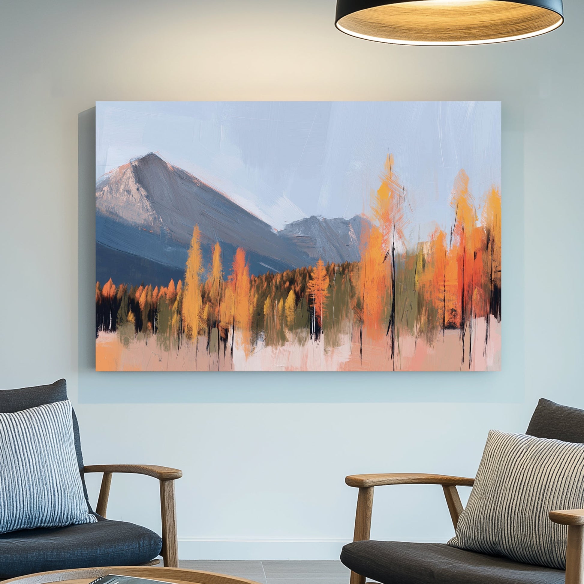 autumn mountain wall art with orange larch trees and blue sky