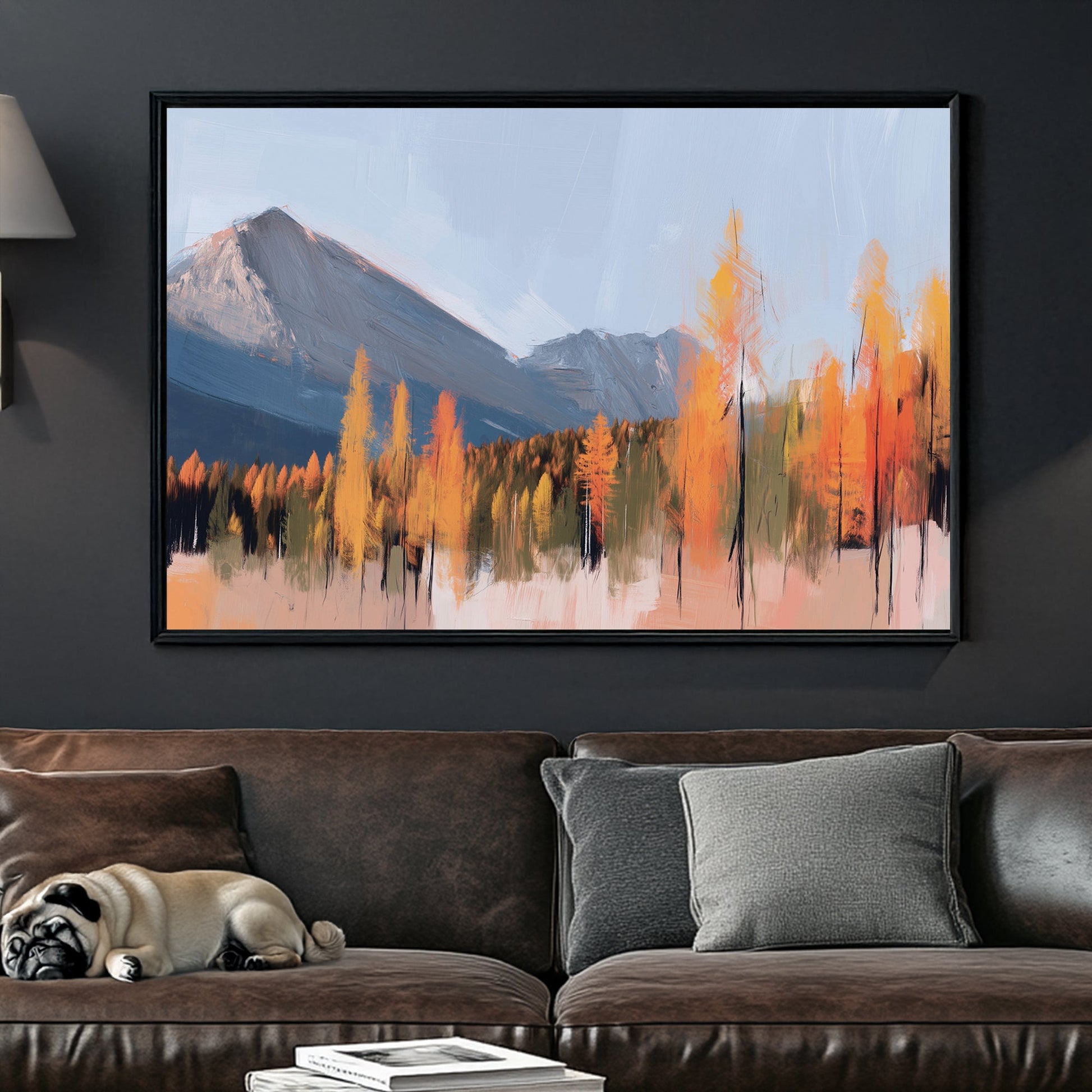 autumn mountain wall art with orange larch trees and blue sky