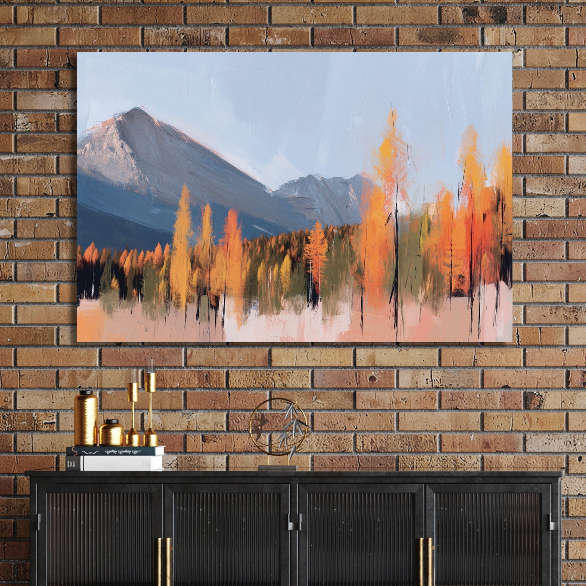 autumn mountain wall art with orange larch trees and blue sky