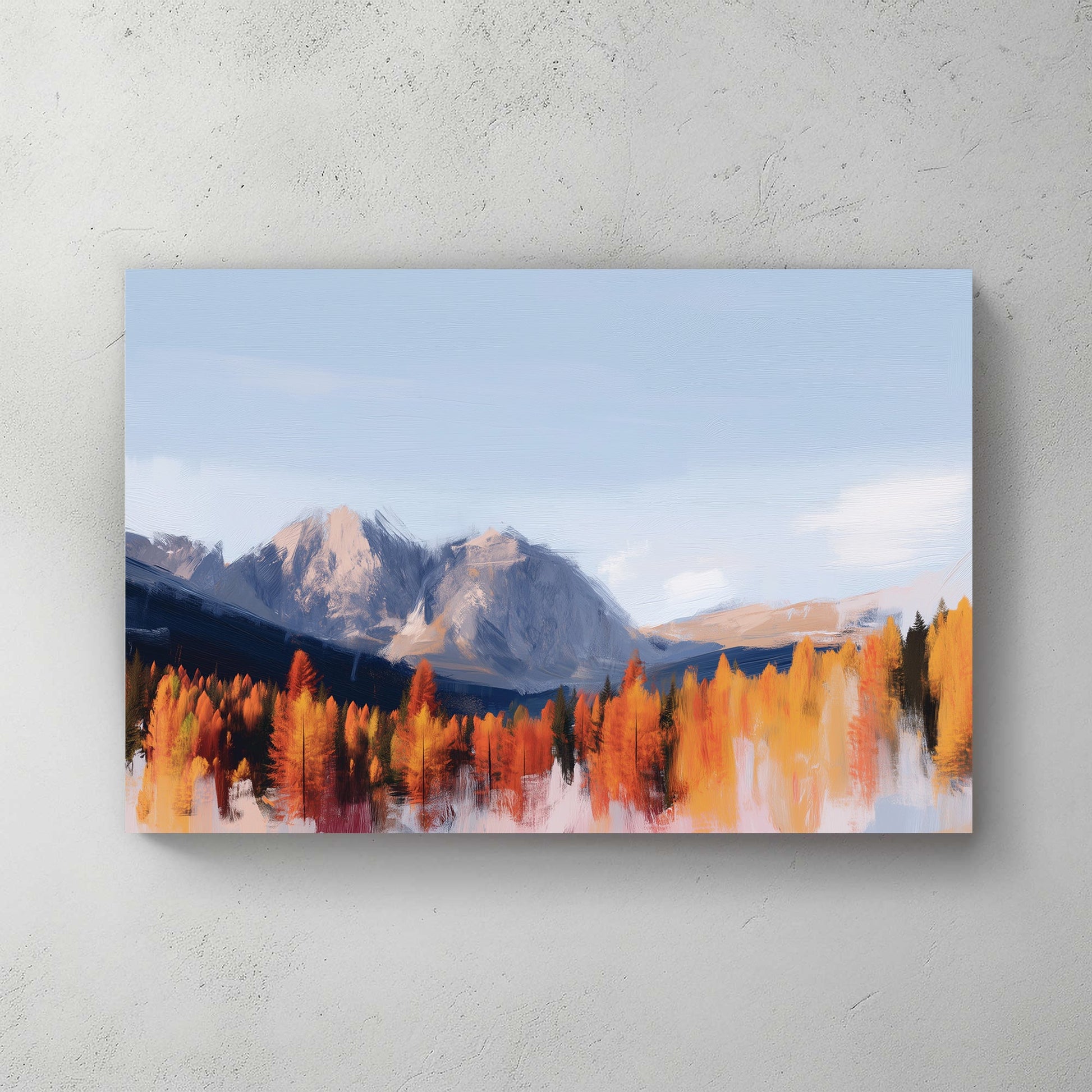 autumn landscape painting with orange trees and mountain range