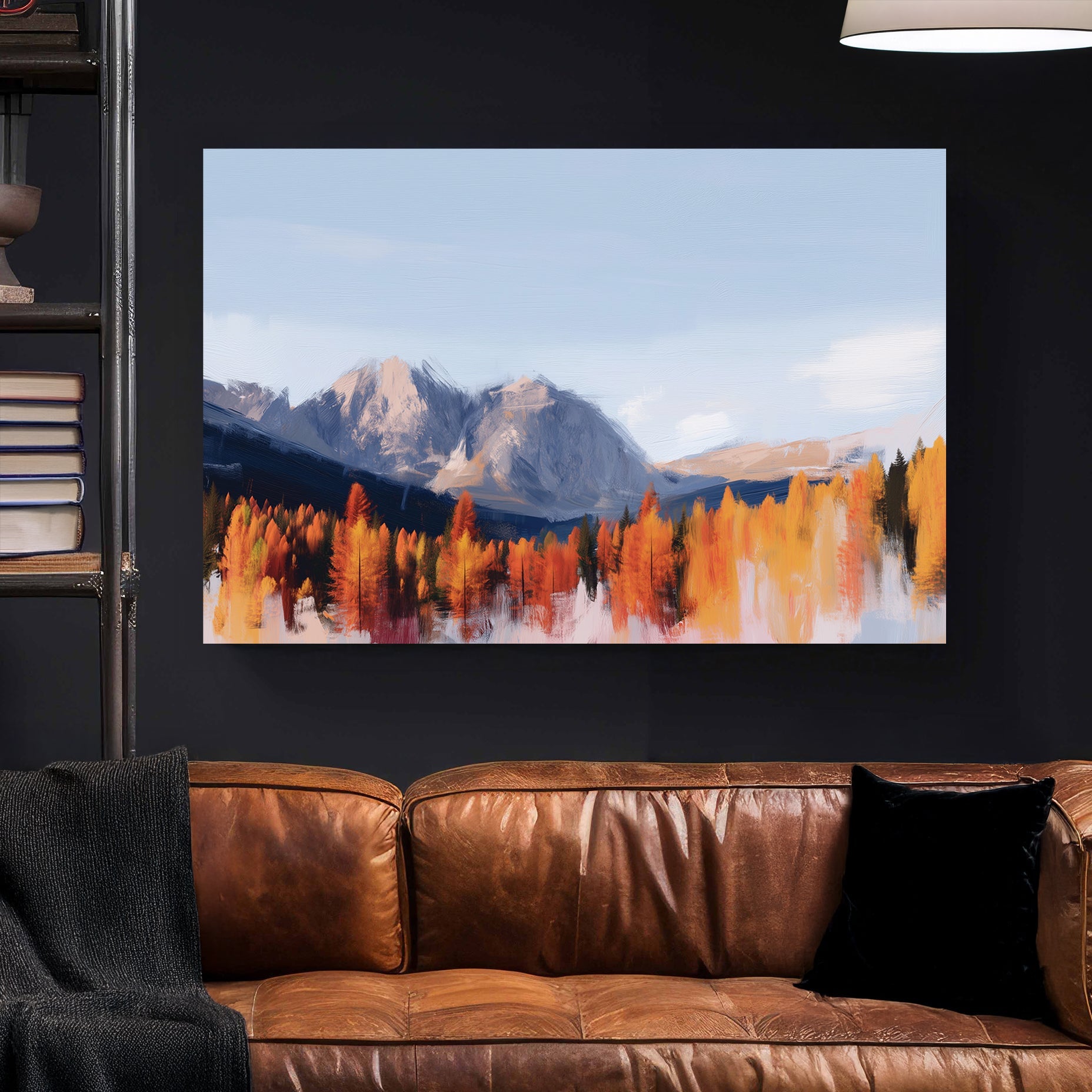 autumn landscape painting with orange trees and mountain range