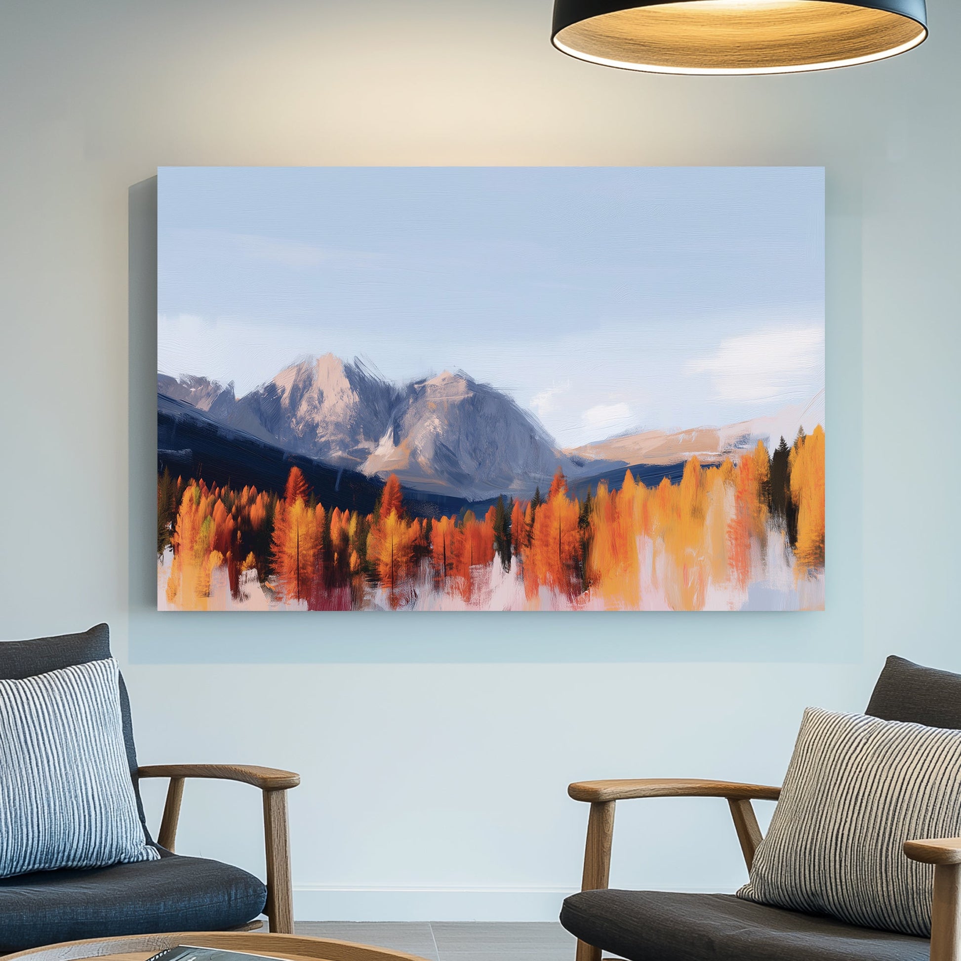 autumn landscape painting with orange trees and mountain range