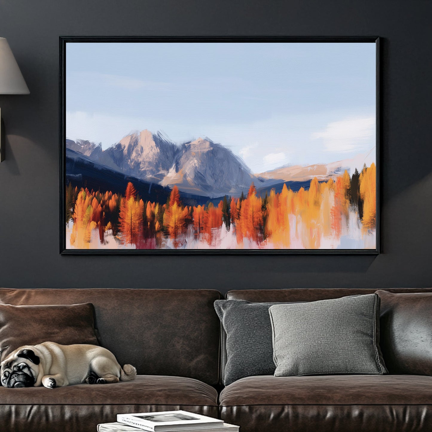 autumn landscape painting with orange trees and mountain range