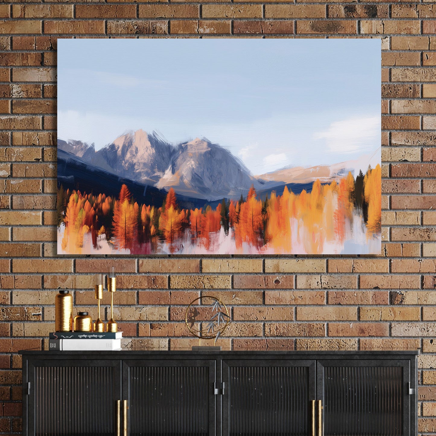 autumn landscape painting with orange trees and mountain range