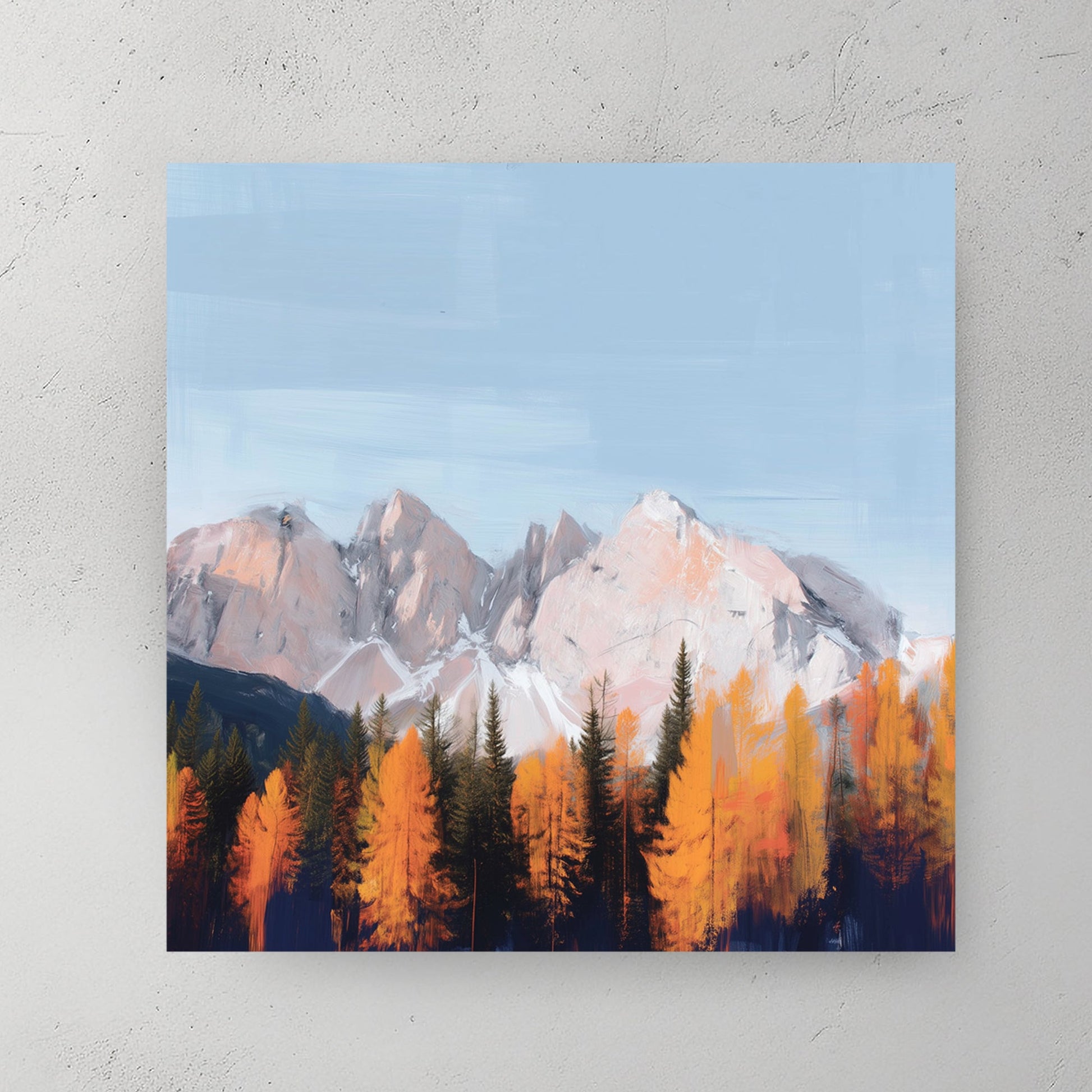 autumn trees with snowy mountain background impressionist painting