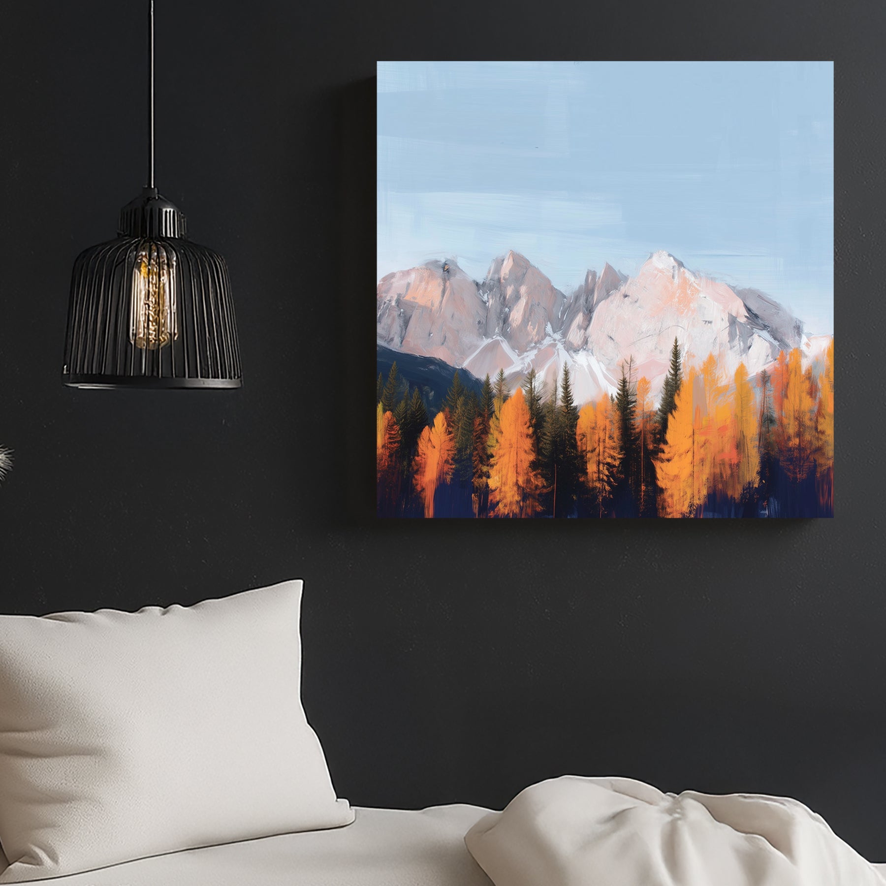 autumn trees with snowy mountain background impressionist painting