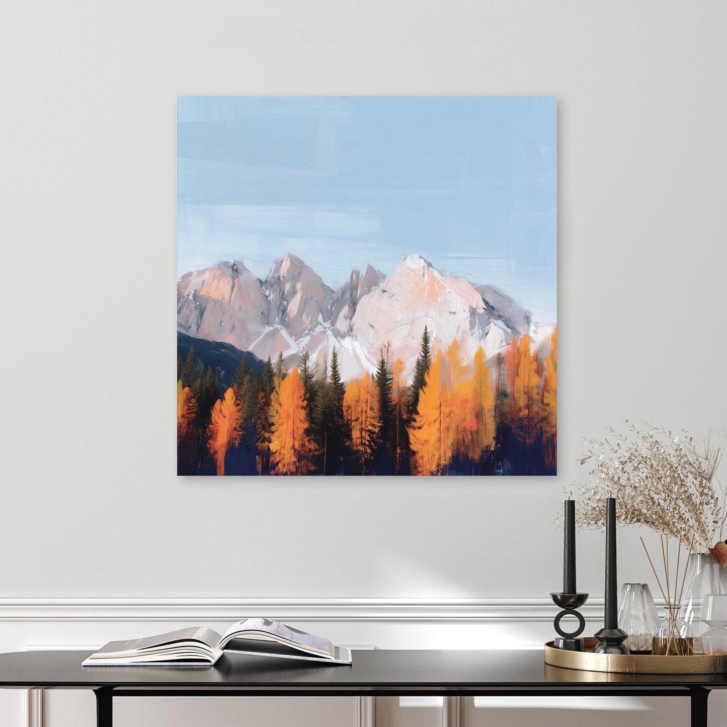 autumn trees with snowy mountain background impressionist painting