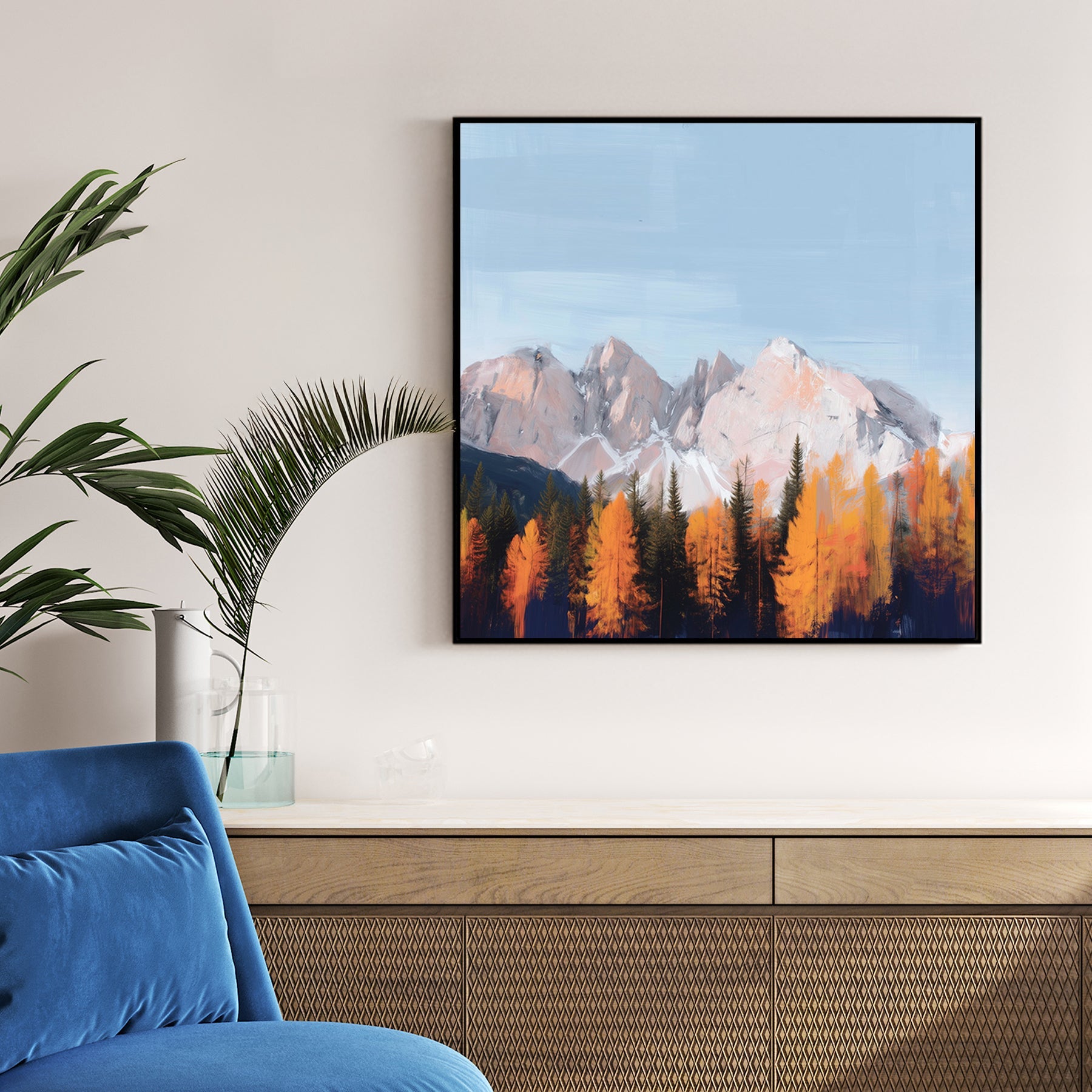 autumn trees with snowy mountain background impressionist painting