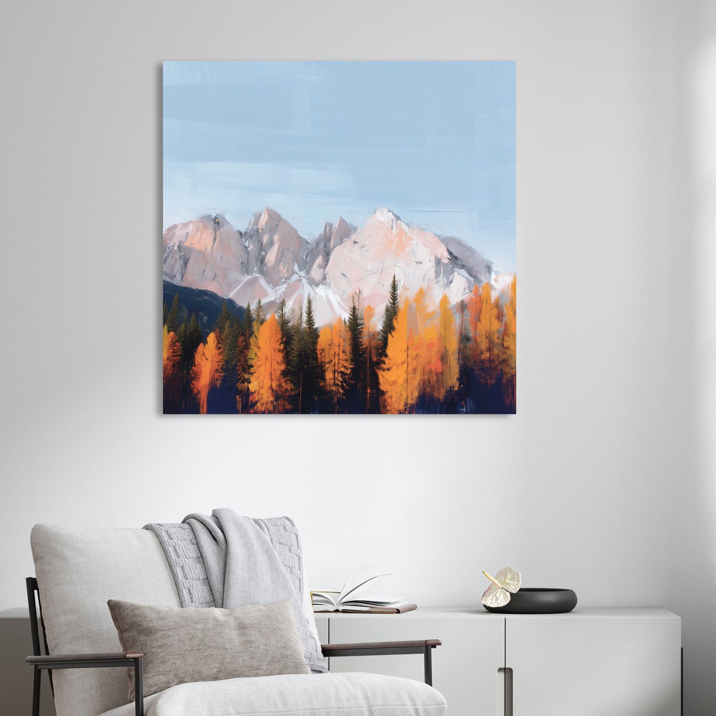 autumn trees with snowy mountain background impressionist painting