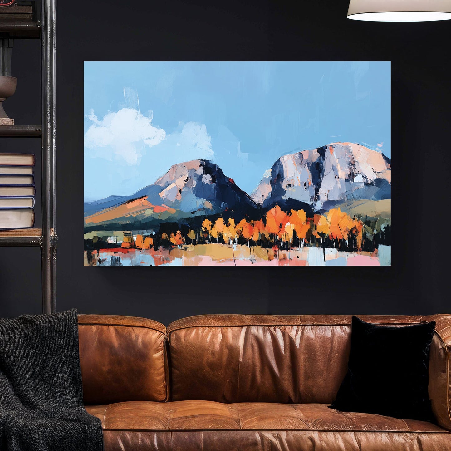 autumn landscape wall art with mountains and orange trees