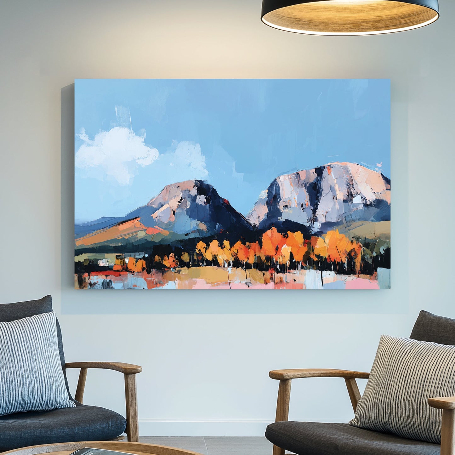 autumn landscape wall art with mountains and orange trees