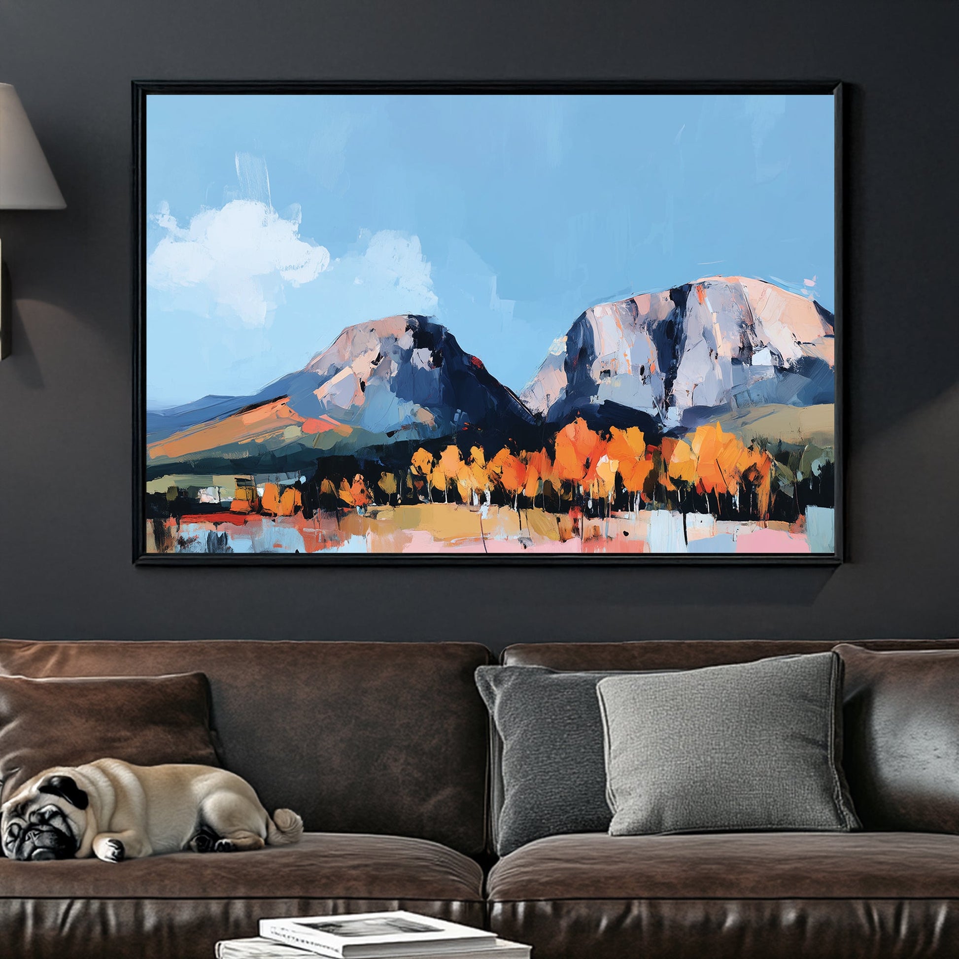 autumn landscape wall art with mountains and orange trees
