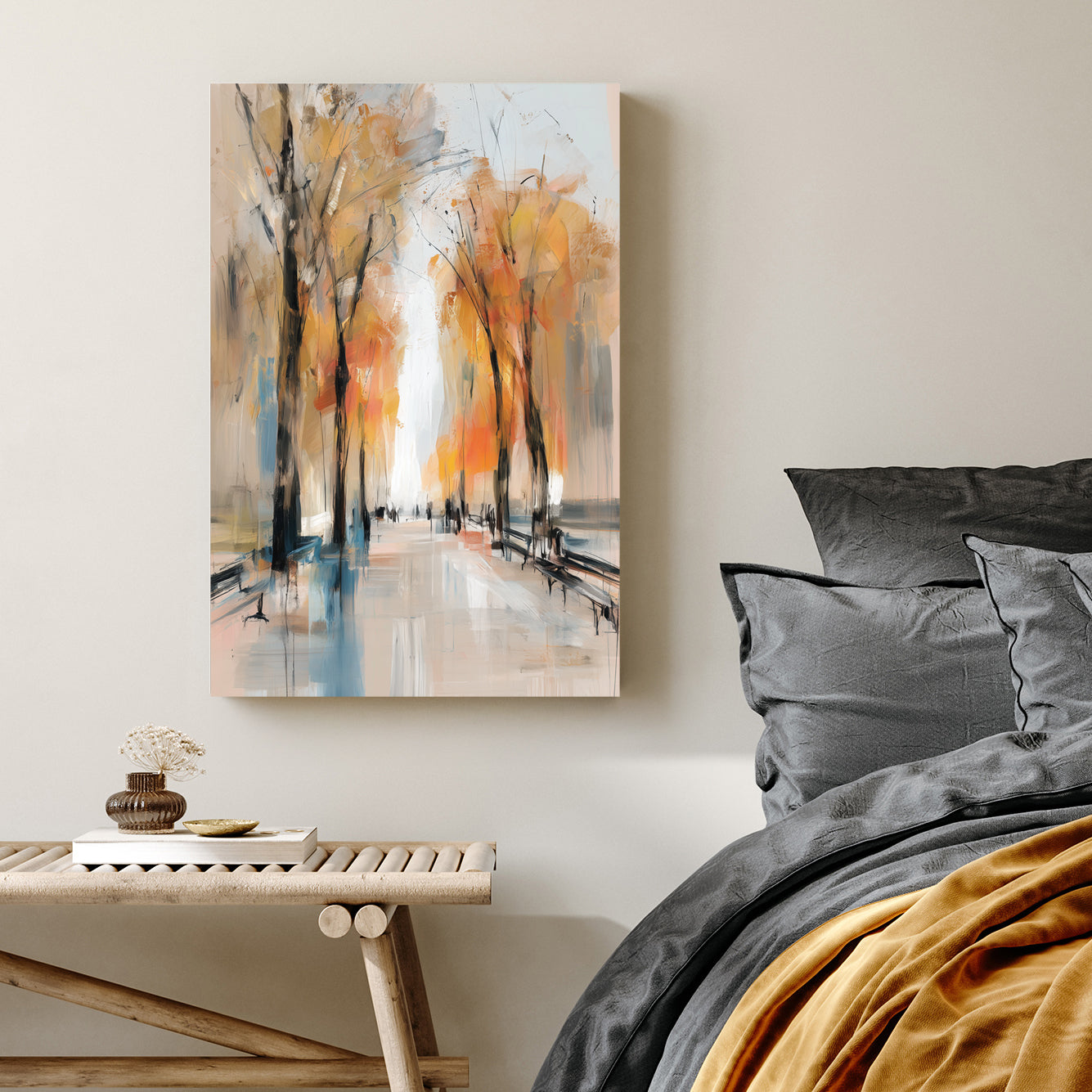 autumn park path wall art with golden trees and painterly brushstrokes