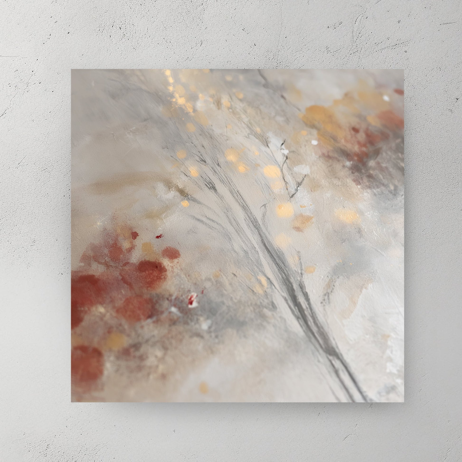 abstract winter wall art with soft greys, golden lights, and subtle festive details