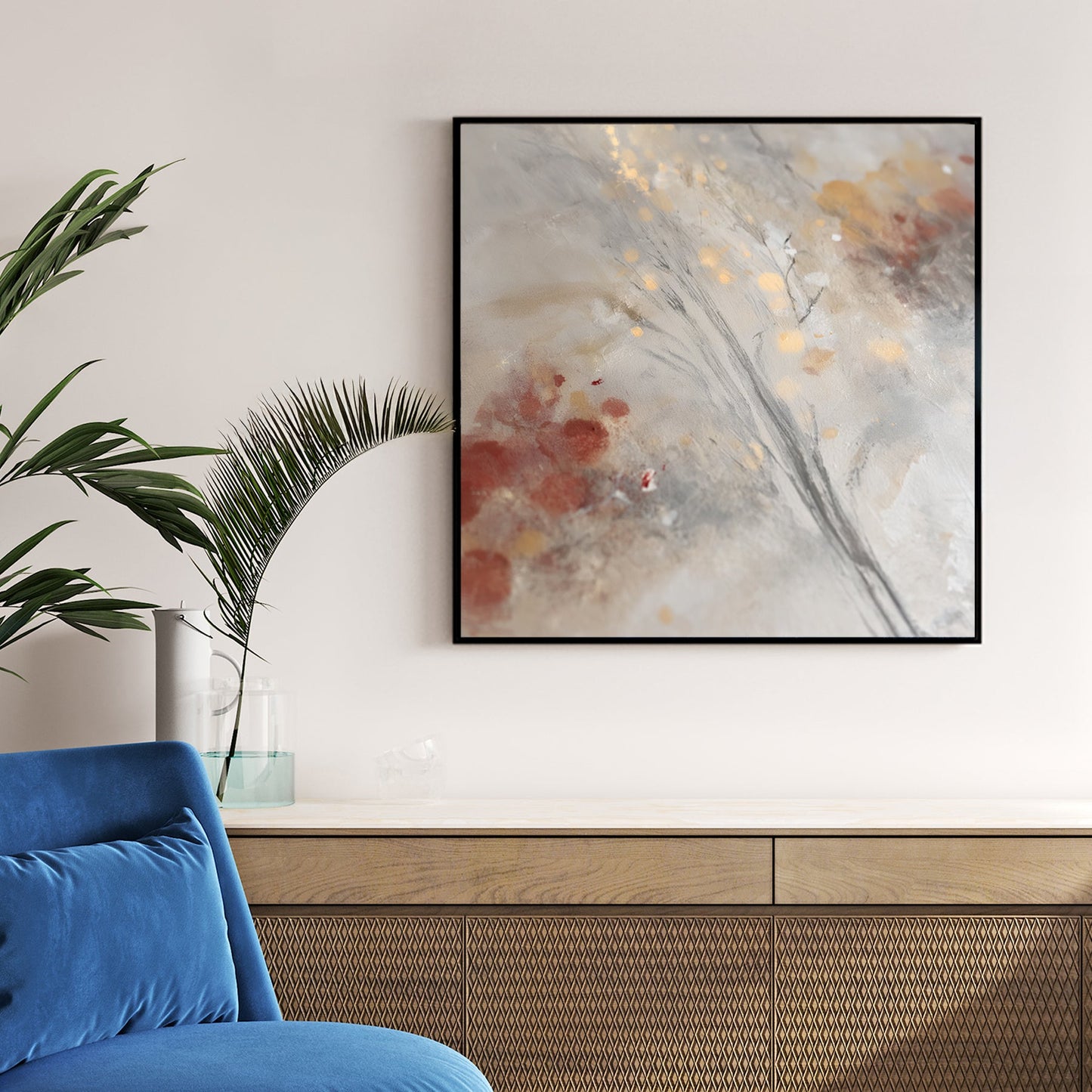 abstract winter wall art with soft greys, golden lights, and subtle festive details