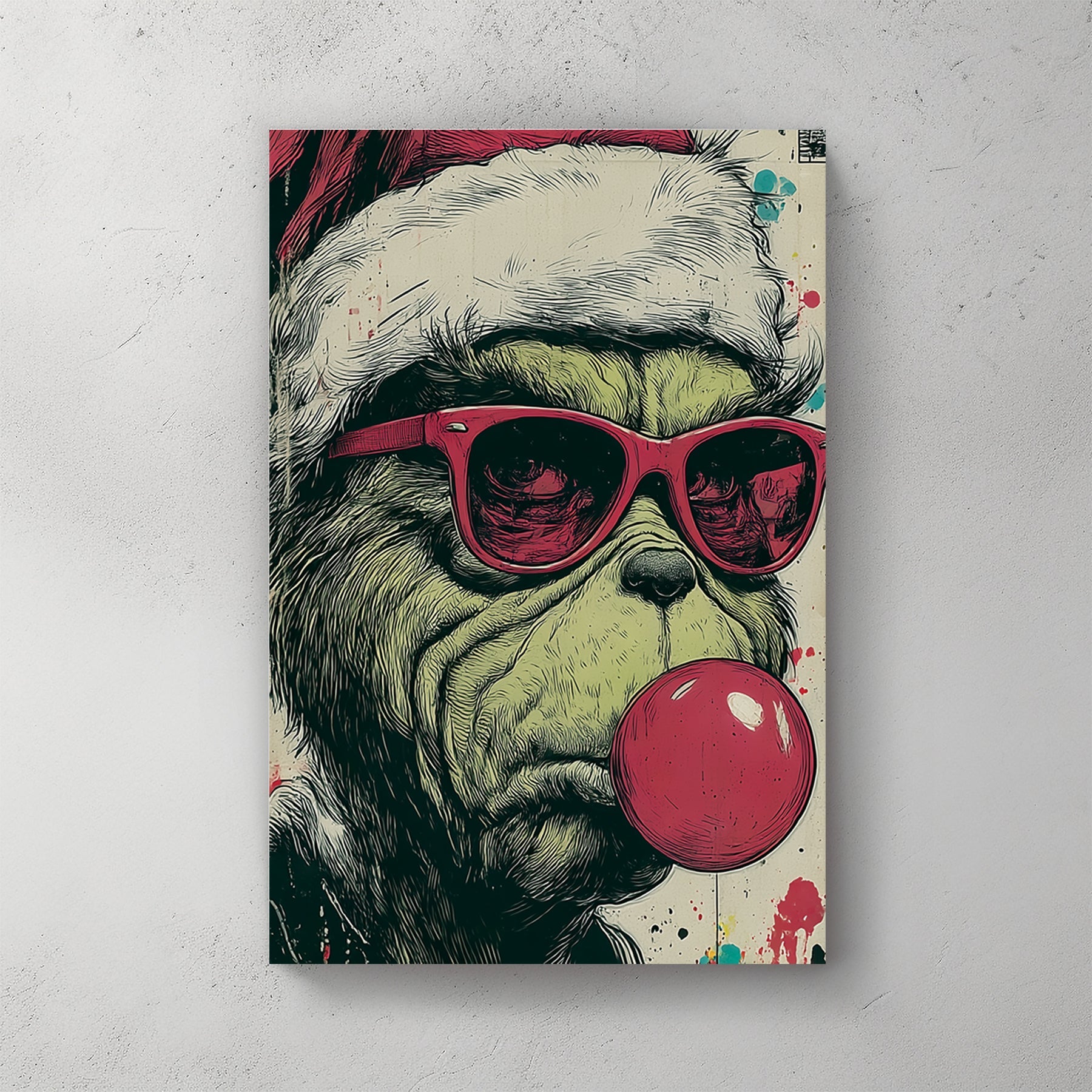 graffiti style holiday wall art of the Grinch in Santa hat and sunglasses blowing bubblegum