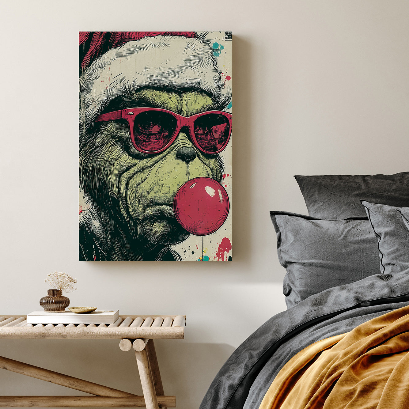 graffiti style holiday wall art of the Grinch in Santa hat and sunglasses blowing bubblegum
