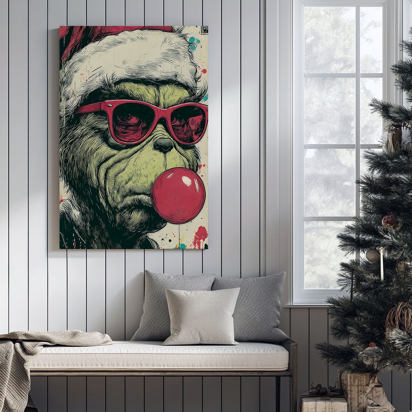 graffiti style holiday wall art of the Grinch in Santa hat and sunglasses blowing bubblegum