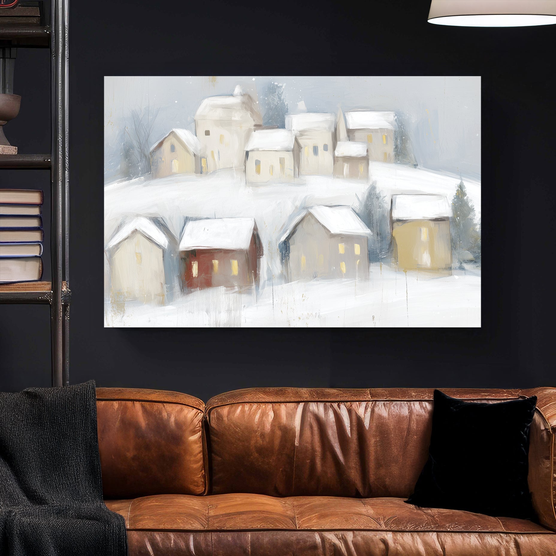 snowy village wall art with glowing windows and soft winter landscape
