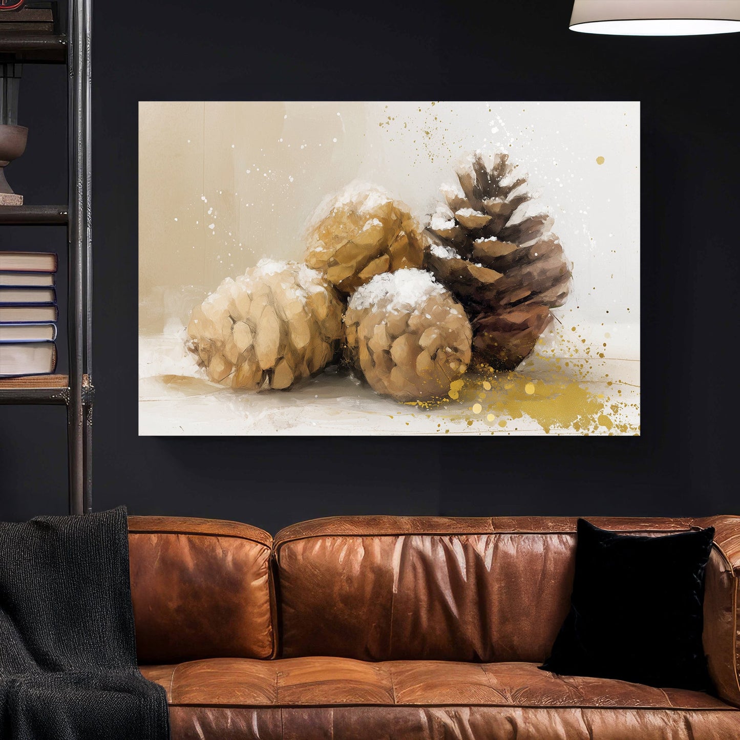 snow-dusted pinecones wall art with gold splashes and neutral winter background